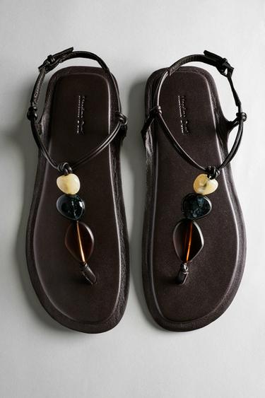 Flat slider sandals with stones — BROWN 1