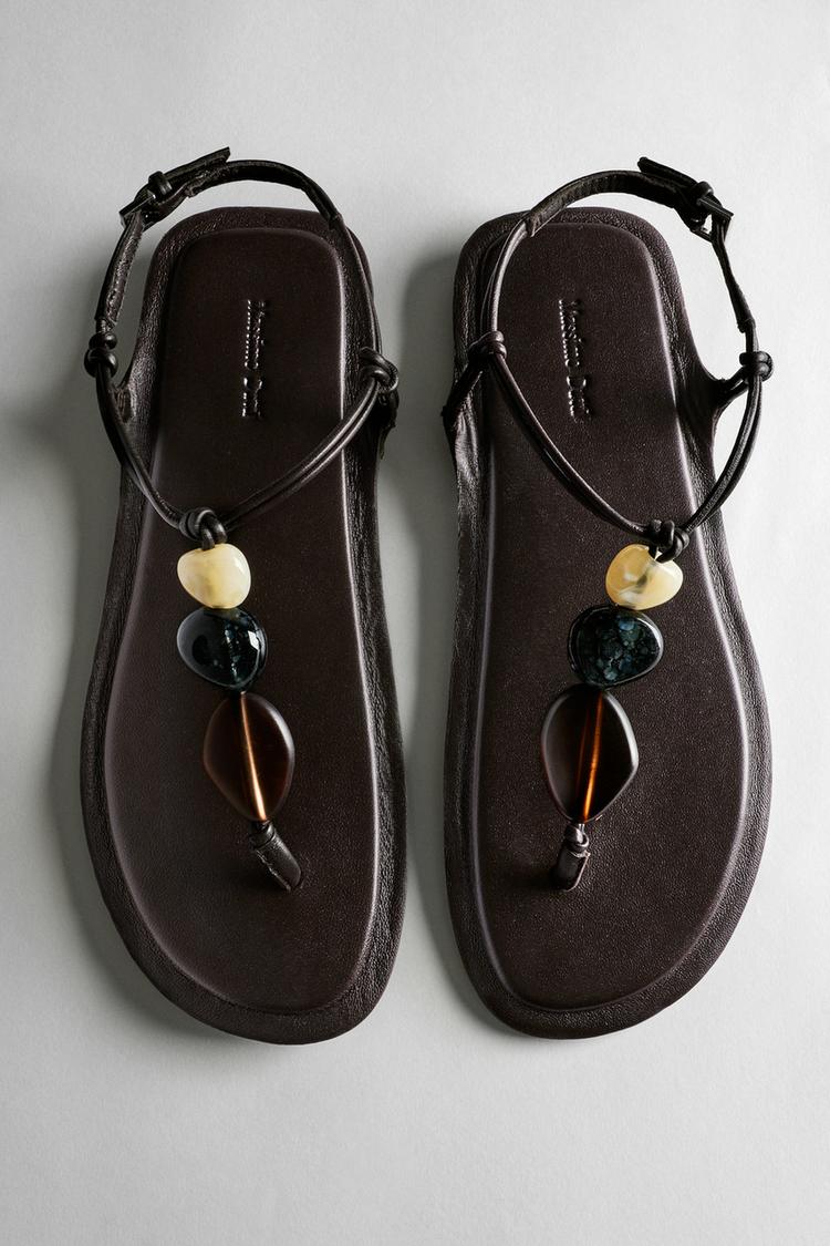 Flat slider sandals with stones — BROWN