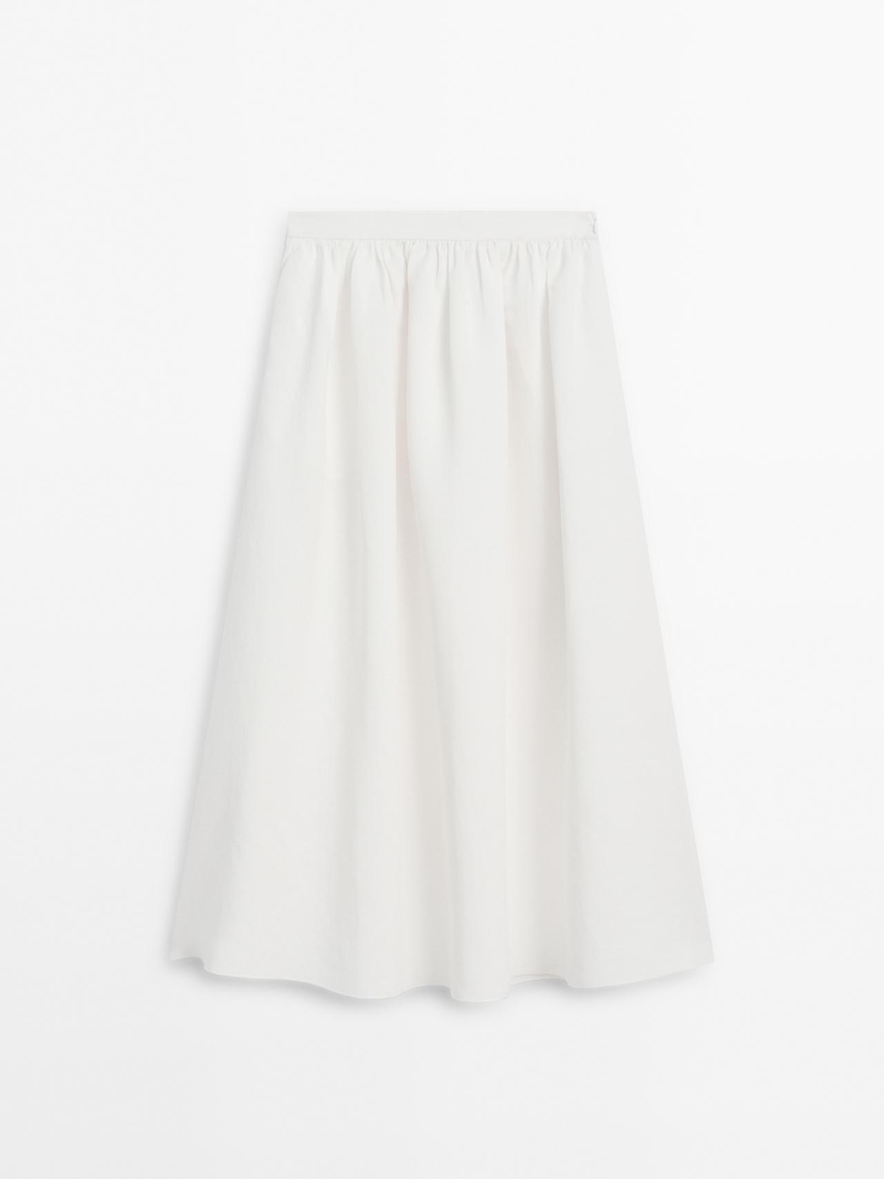 Massimo Dutti - Dames - Wijde Halflange Rok Van Linnenmix - Ecru - 38