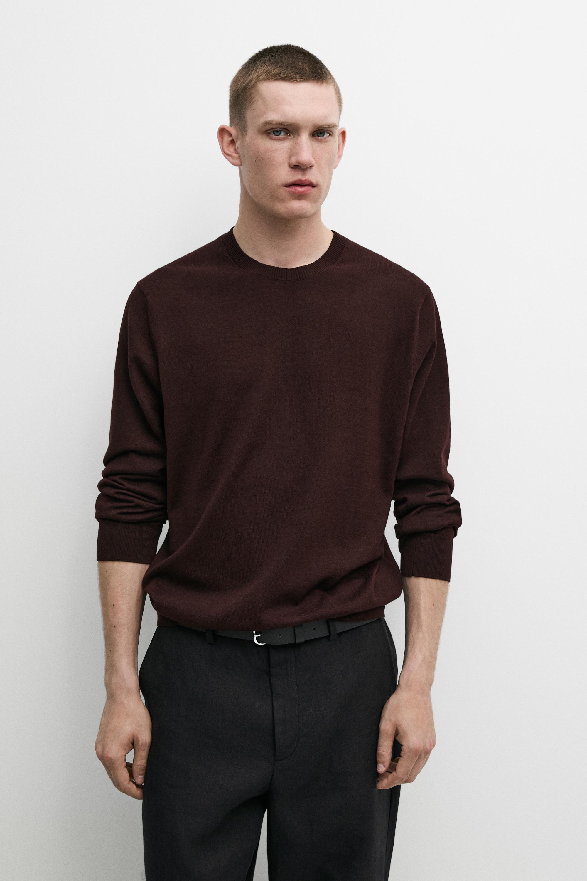 Knit 100% cotton crew neck sweater — BURGUNDY