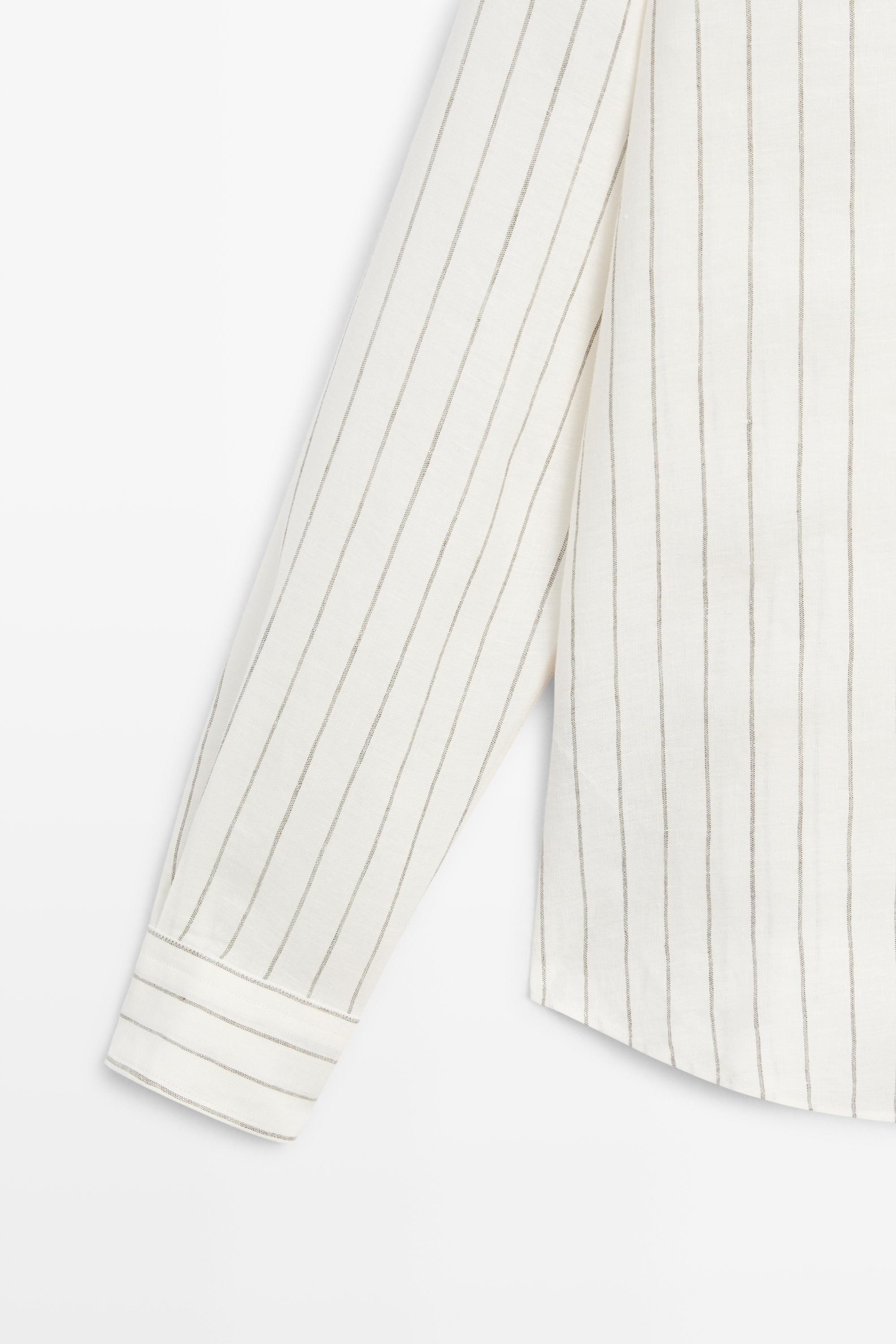 100% linen striped stand collar shirt — SAND