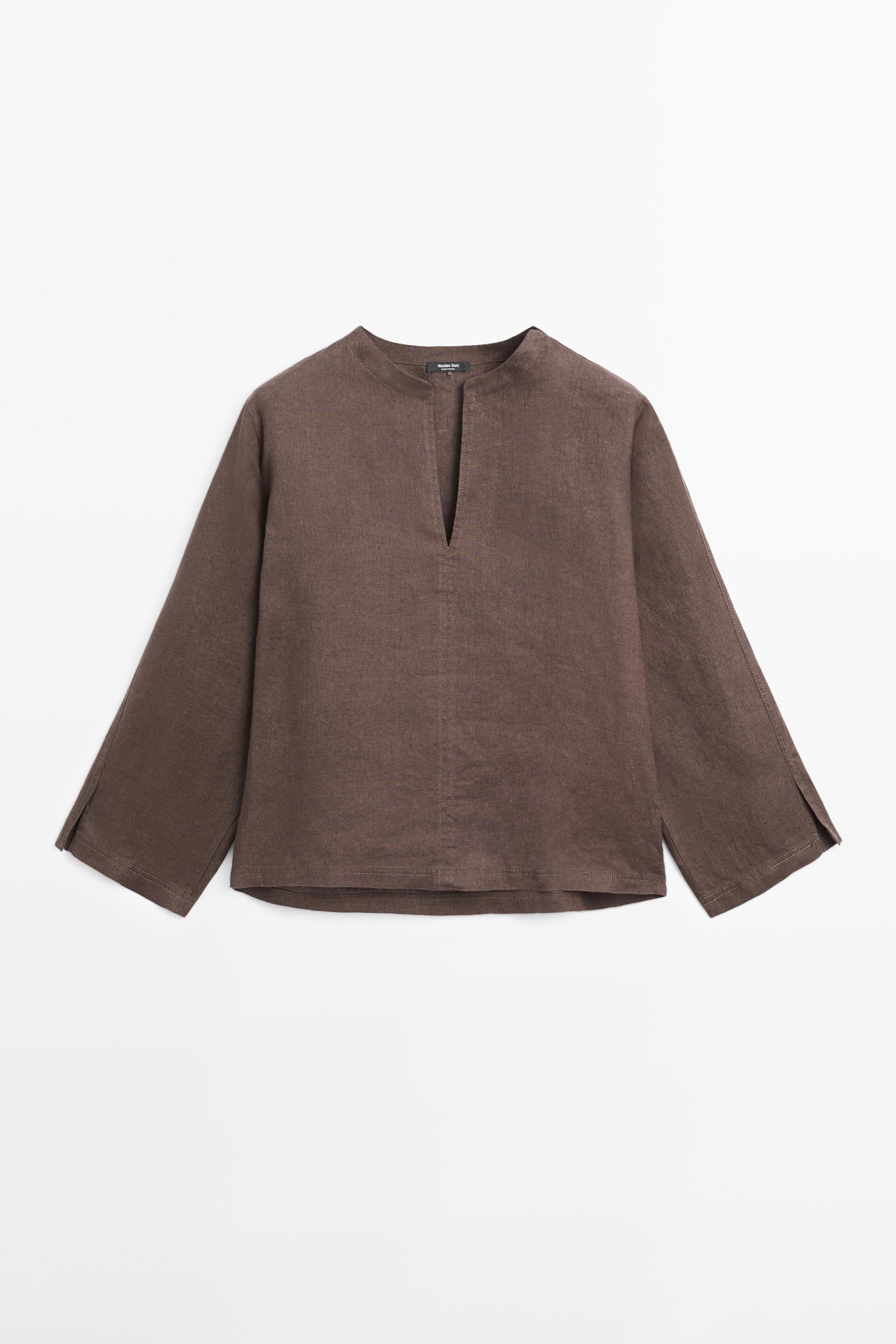 100% linen blouse with topstitching detail