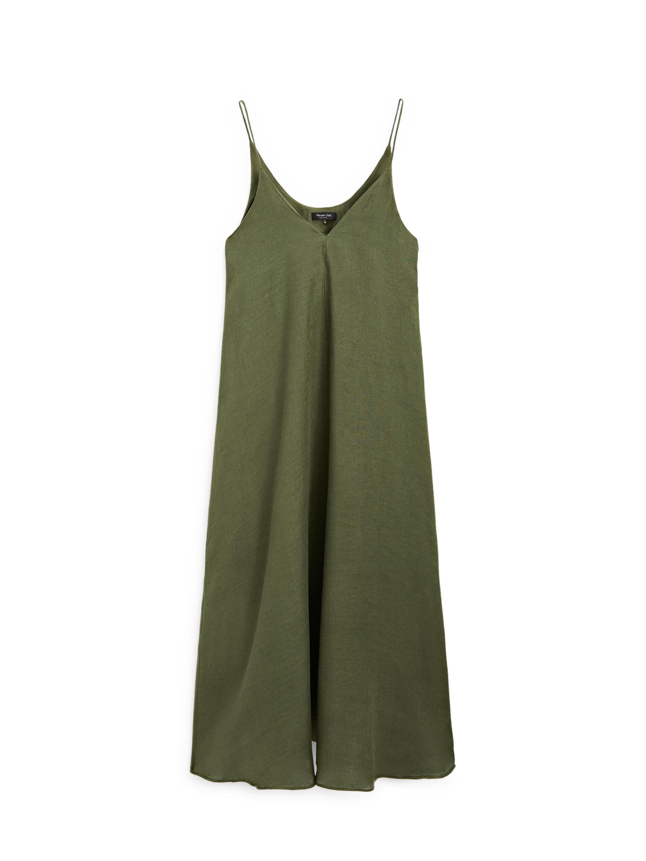 Flowing midi dress with thin straps  Green  Dress | Massimo Dutti