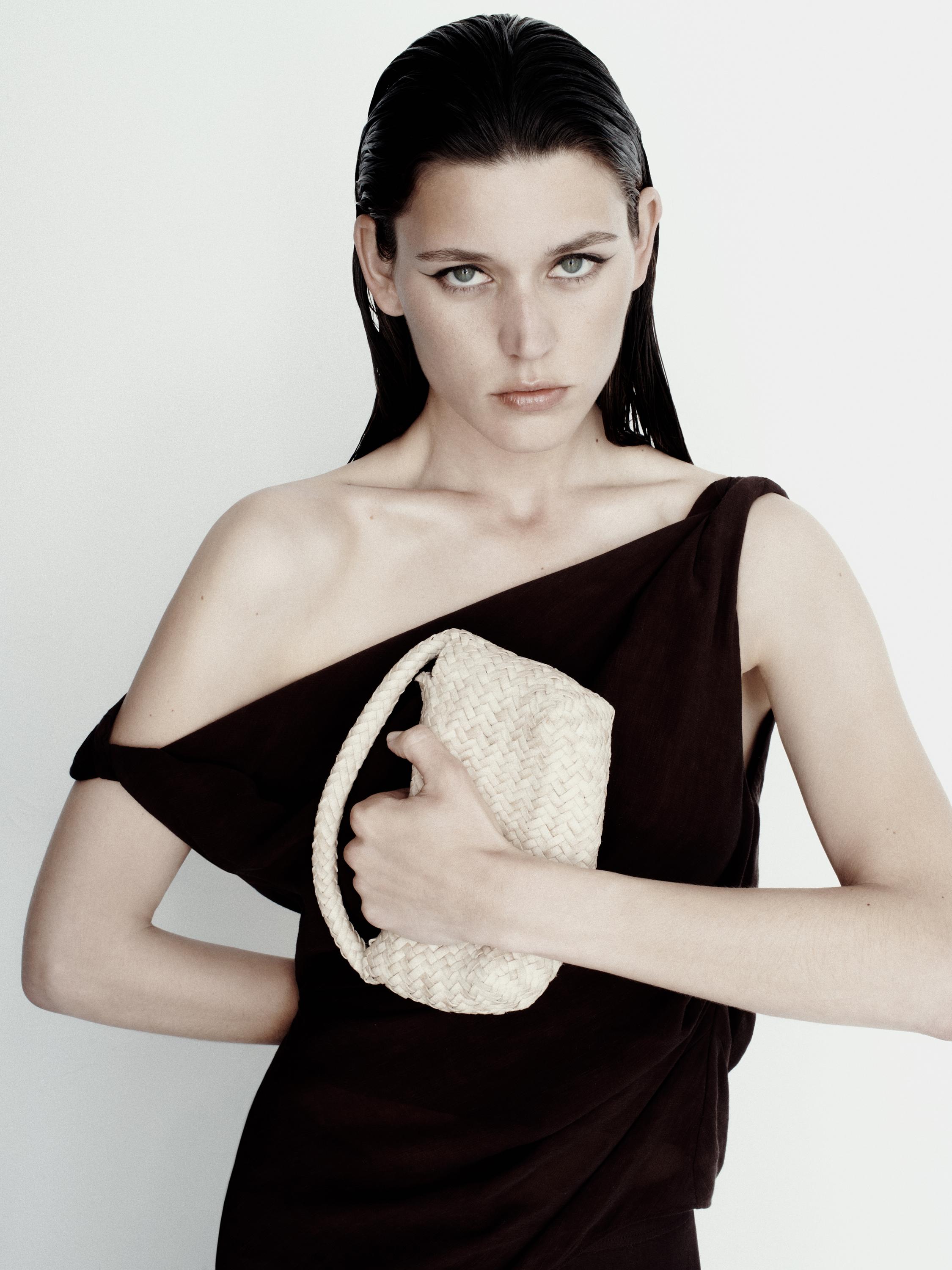 Linen blend top with asymmetric neckline