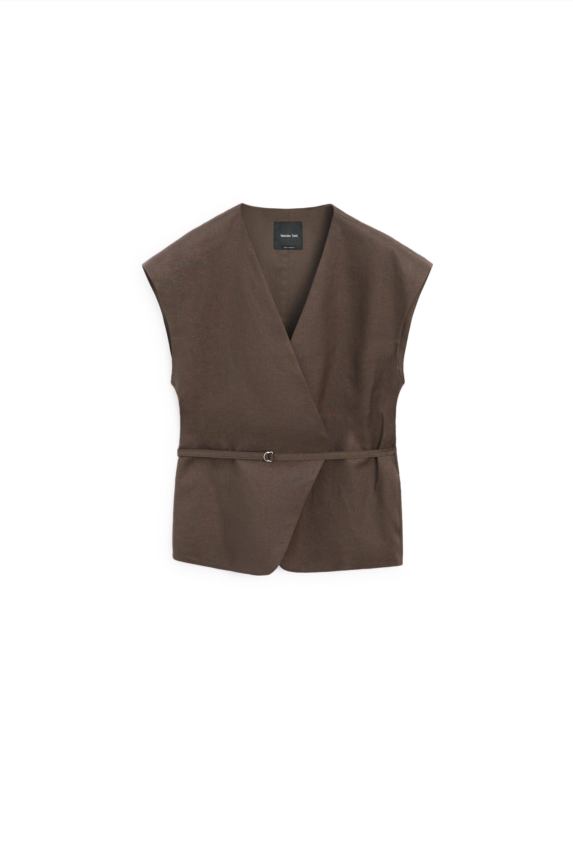 Linen blend waistcoat with wrap neckline — BROWN