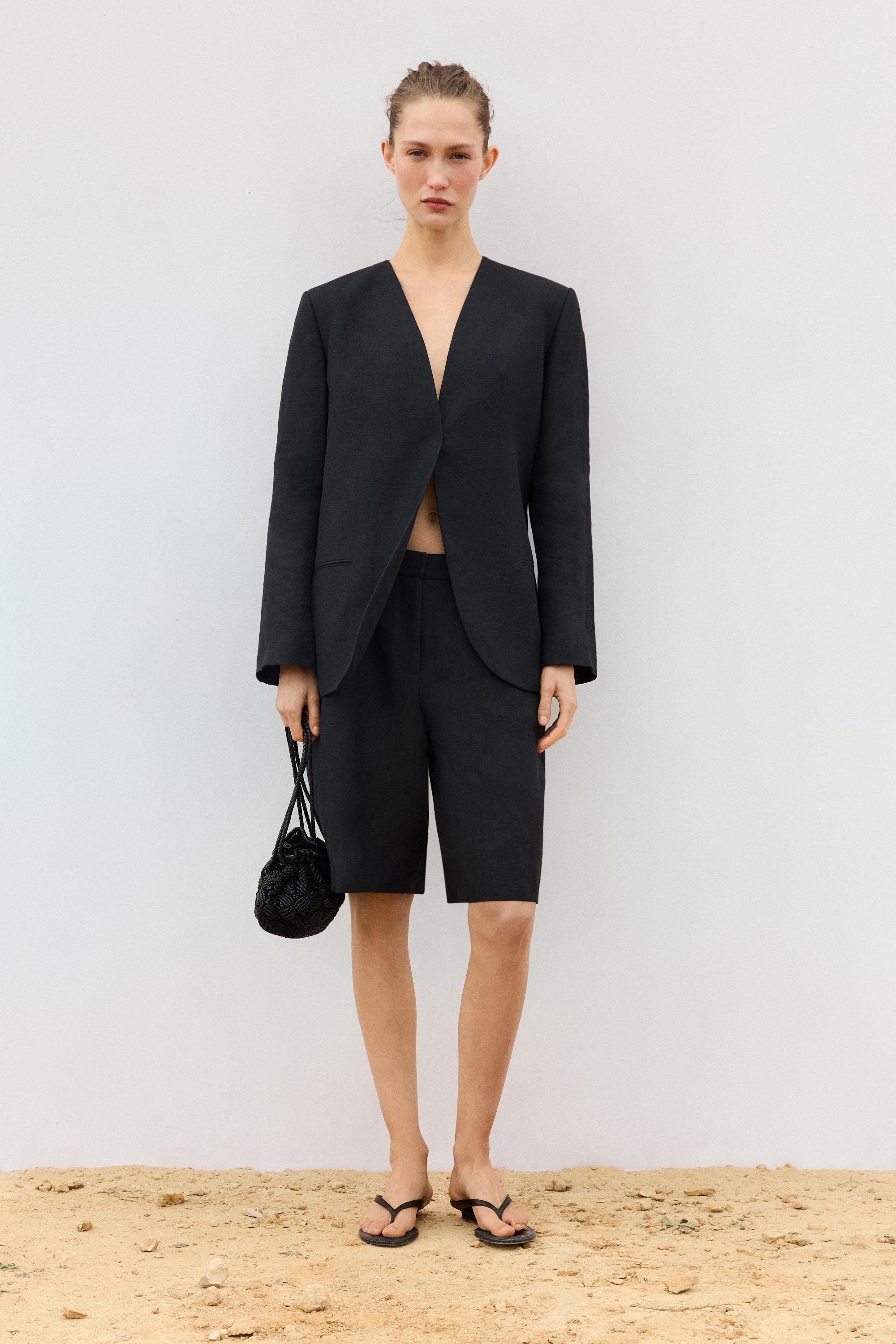 100% linen lapelless blazer — BLACK