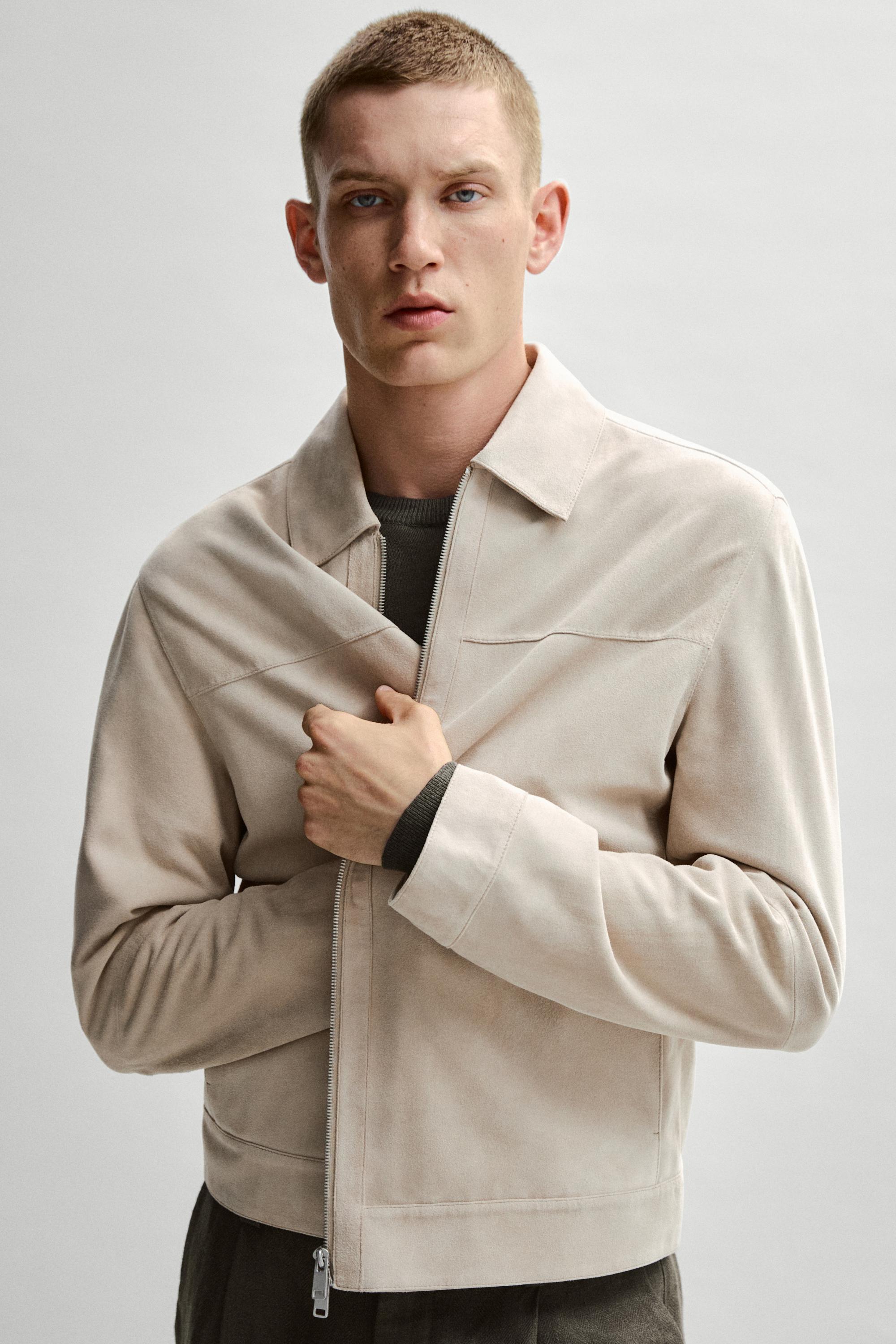 Suede leather collar jacket — Light Beige