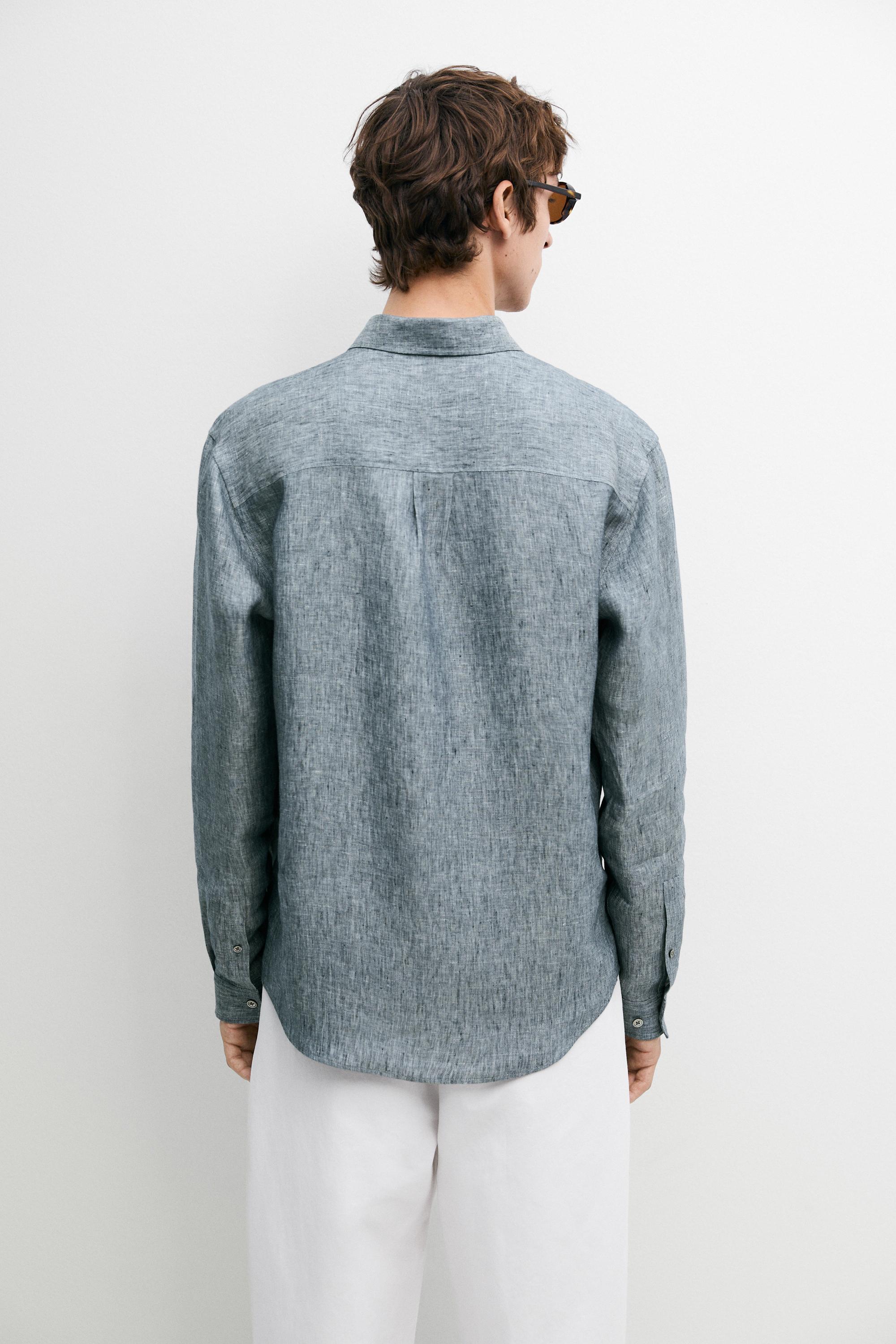 Regular fit melange twill 100% linen shirt — NAVY BLUE