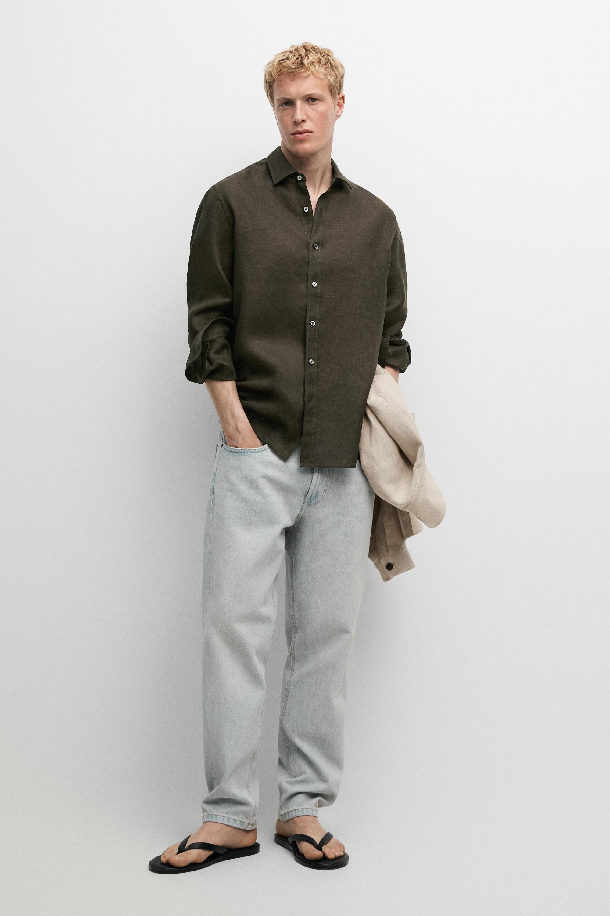 Regular fit 100% linen shirt — DARK GREEN