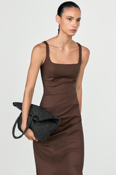 Cotton blend strappy midi dress — BROWN 3