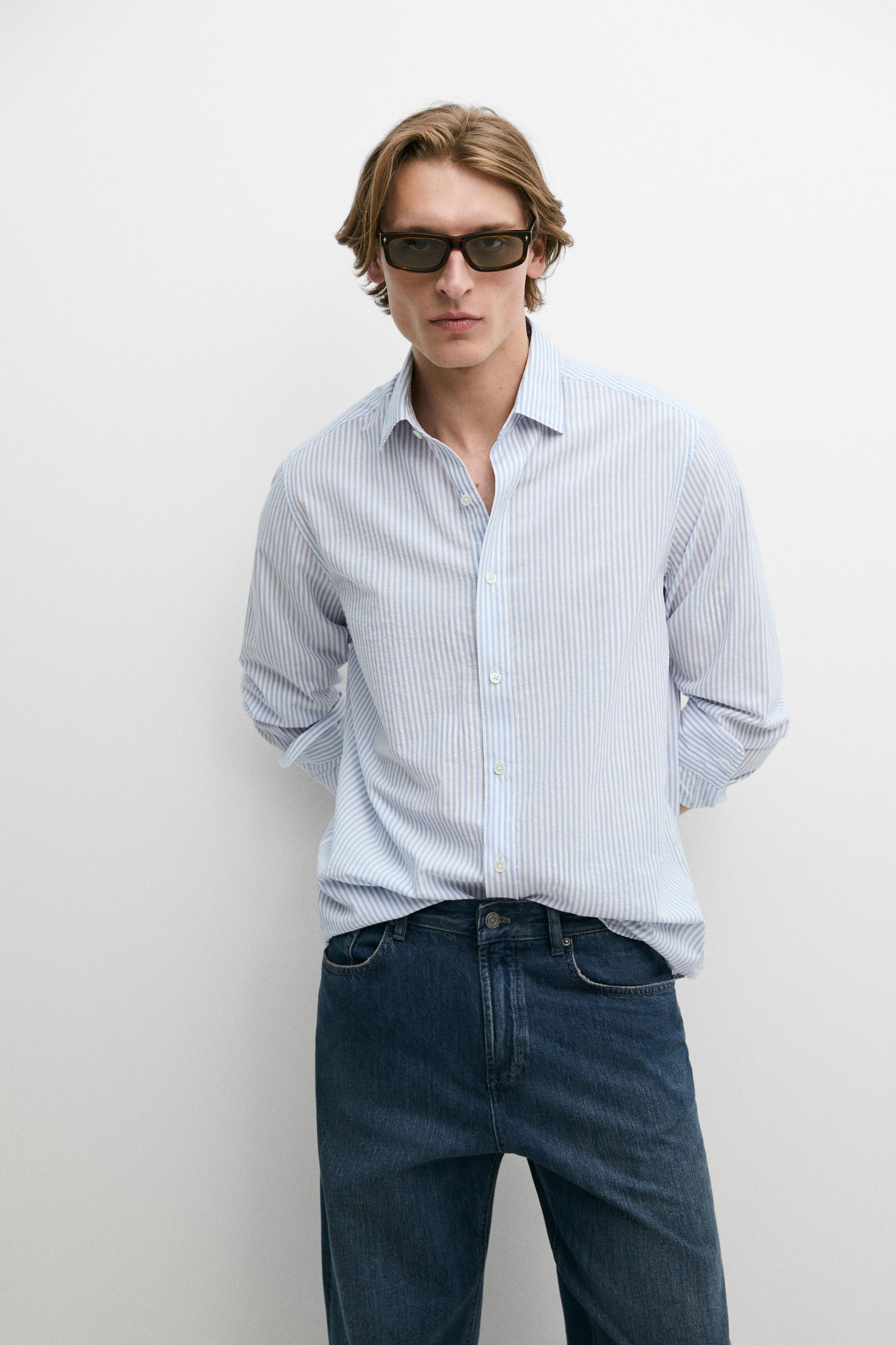 100% cotton regular fit striped shirt — BLUE