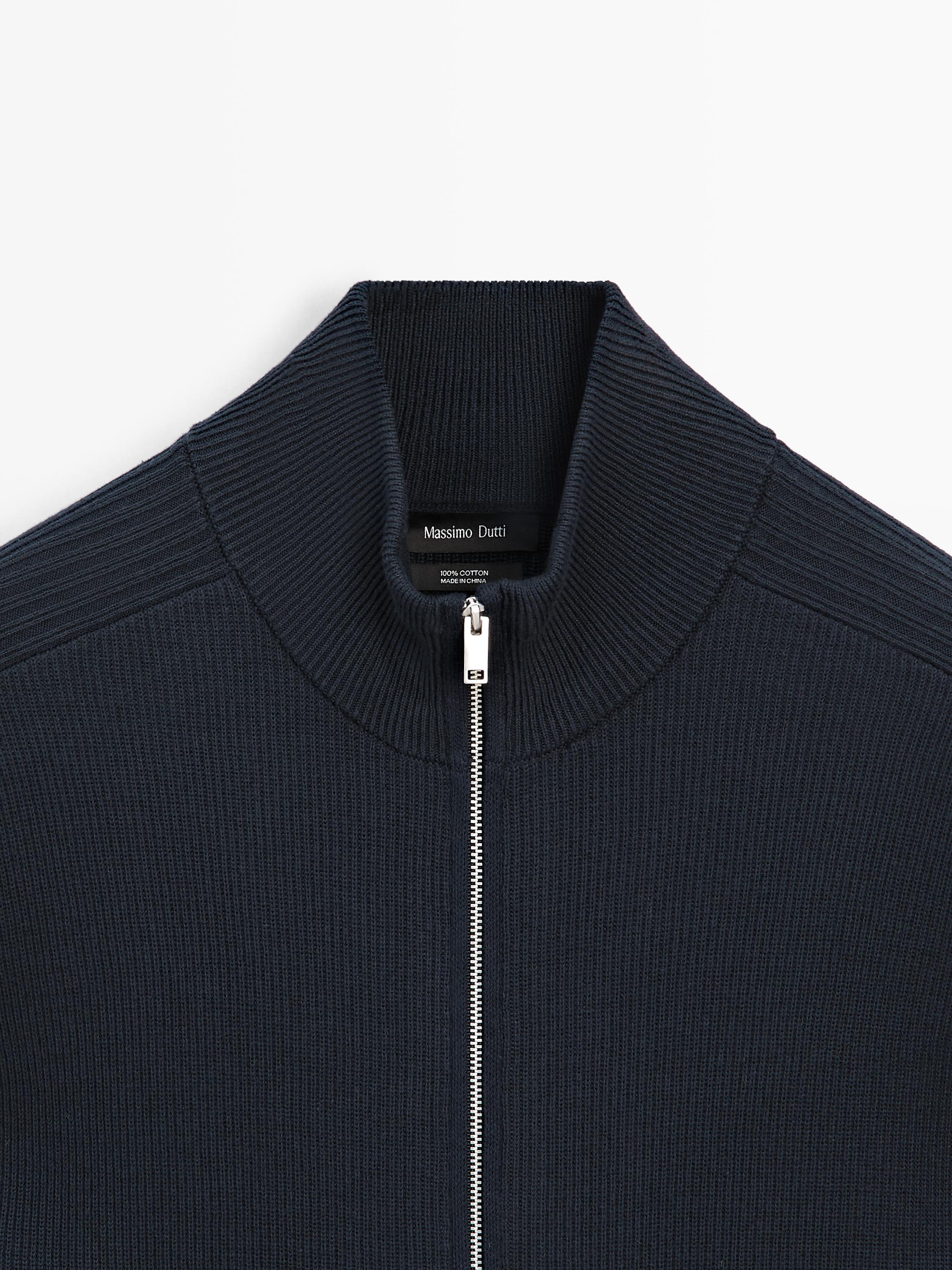 Cotton zip-up knit cardigan — NAVY BLUE