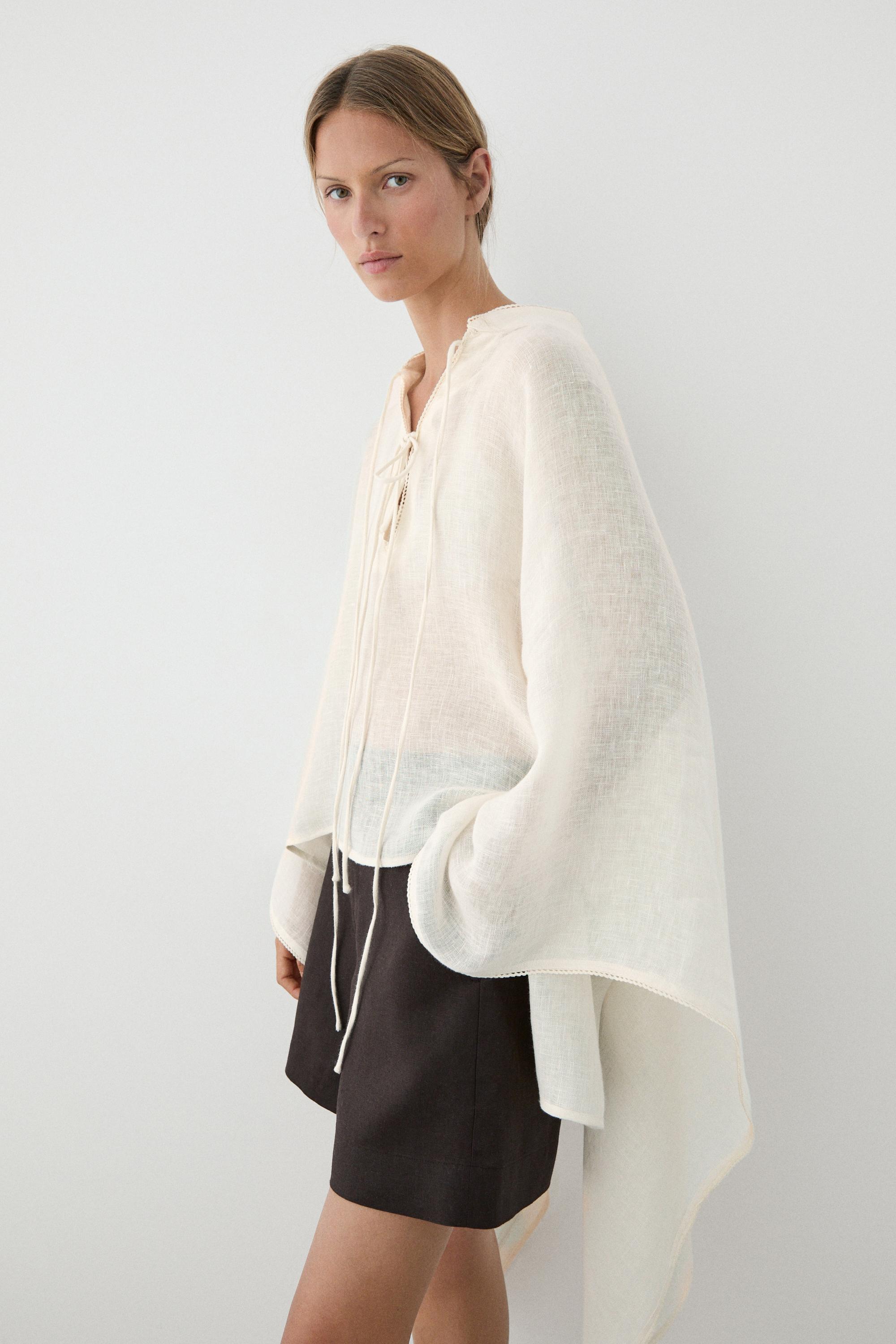 100% linen stand collar cape — CREAM