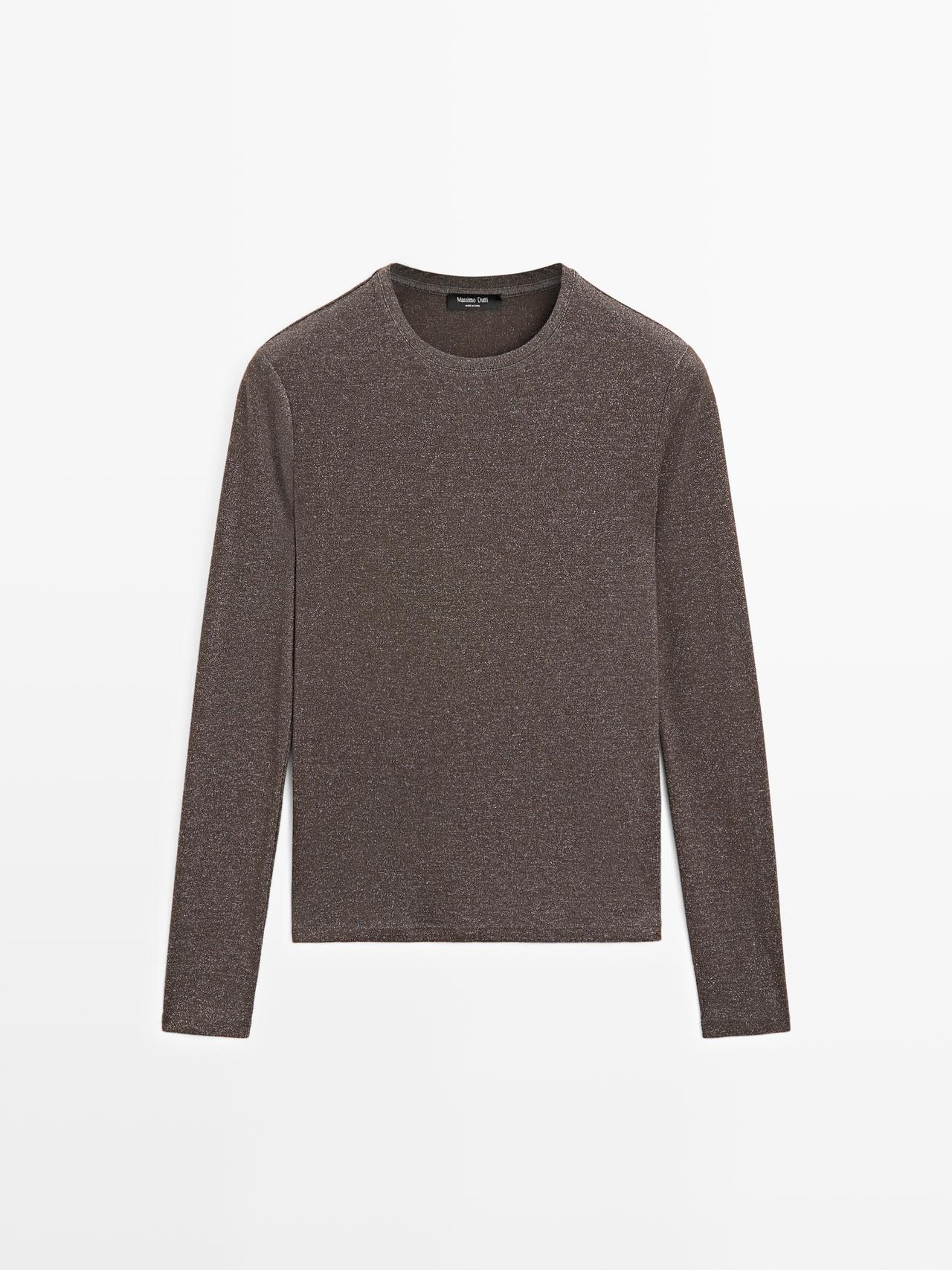 Massimo Dutti - Dame - Langærmet T-Shirt Med Metallisk Finish - Brun - S