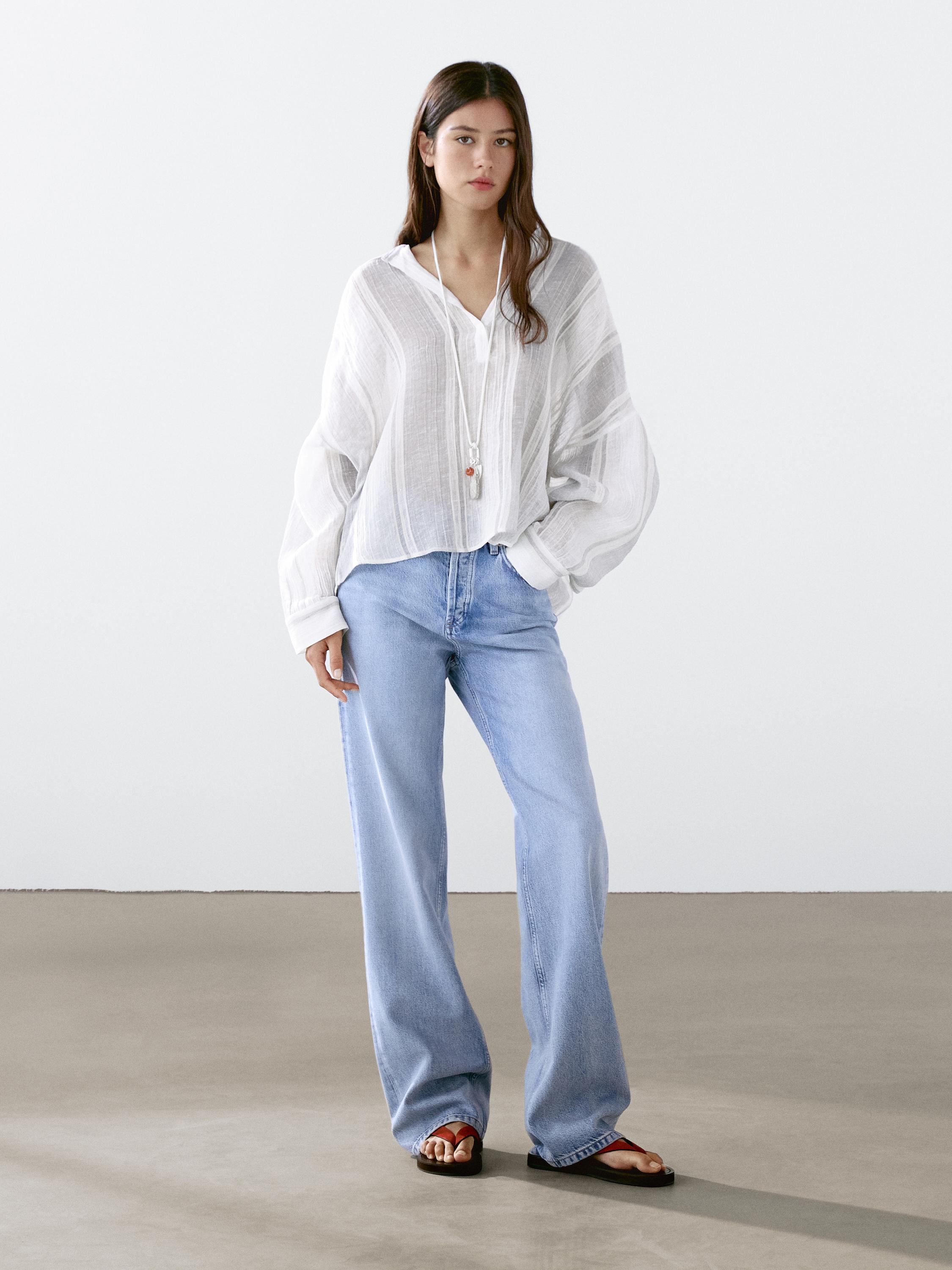 Свободна раирана блуза с примес на лен