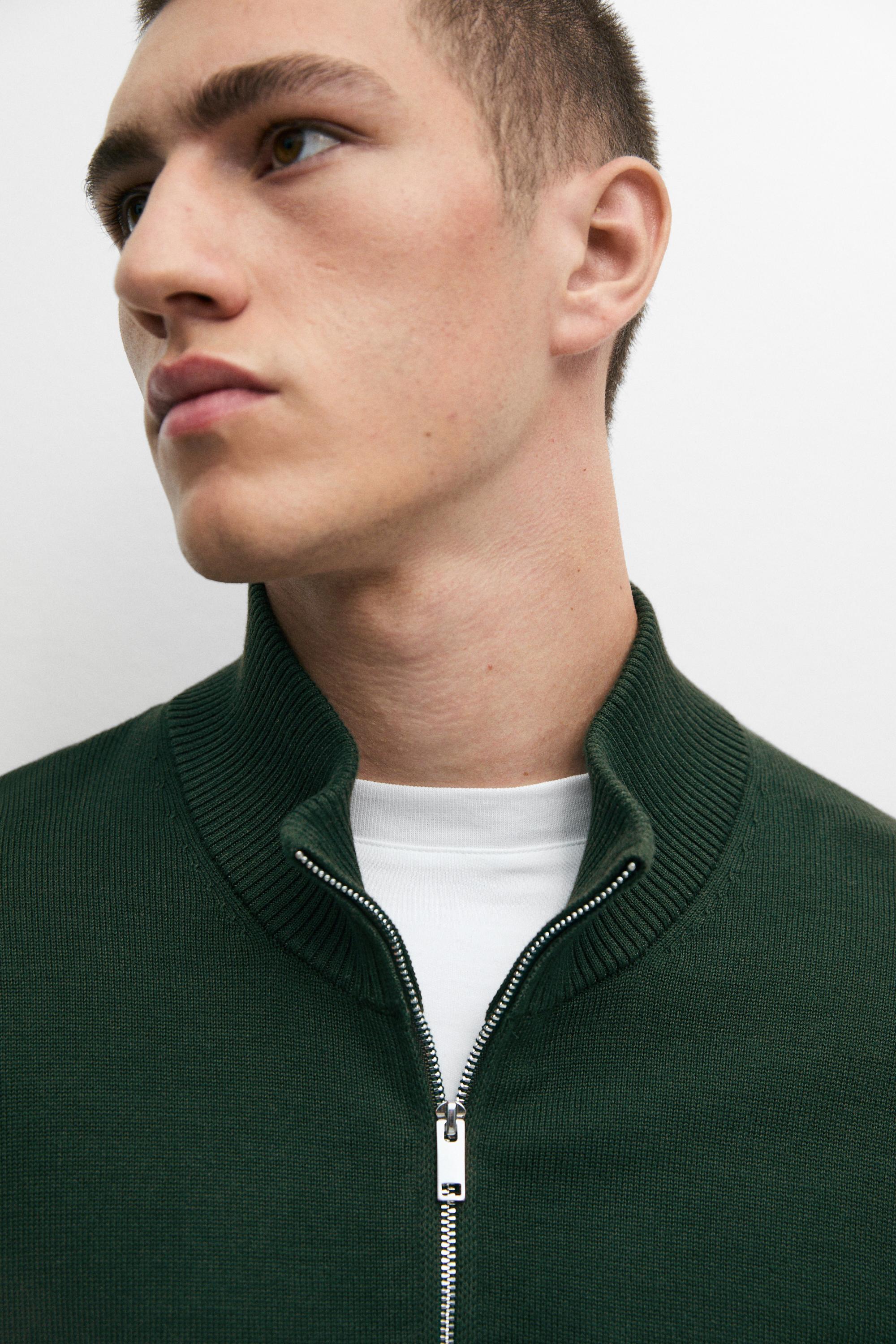 Mock neck zip knit sweater — KHAKI