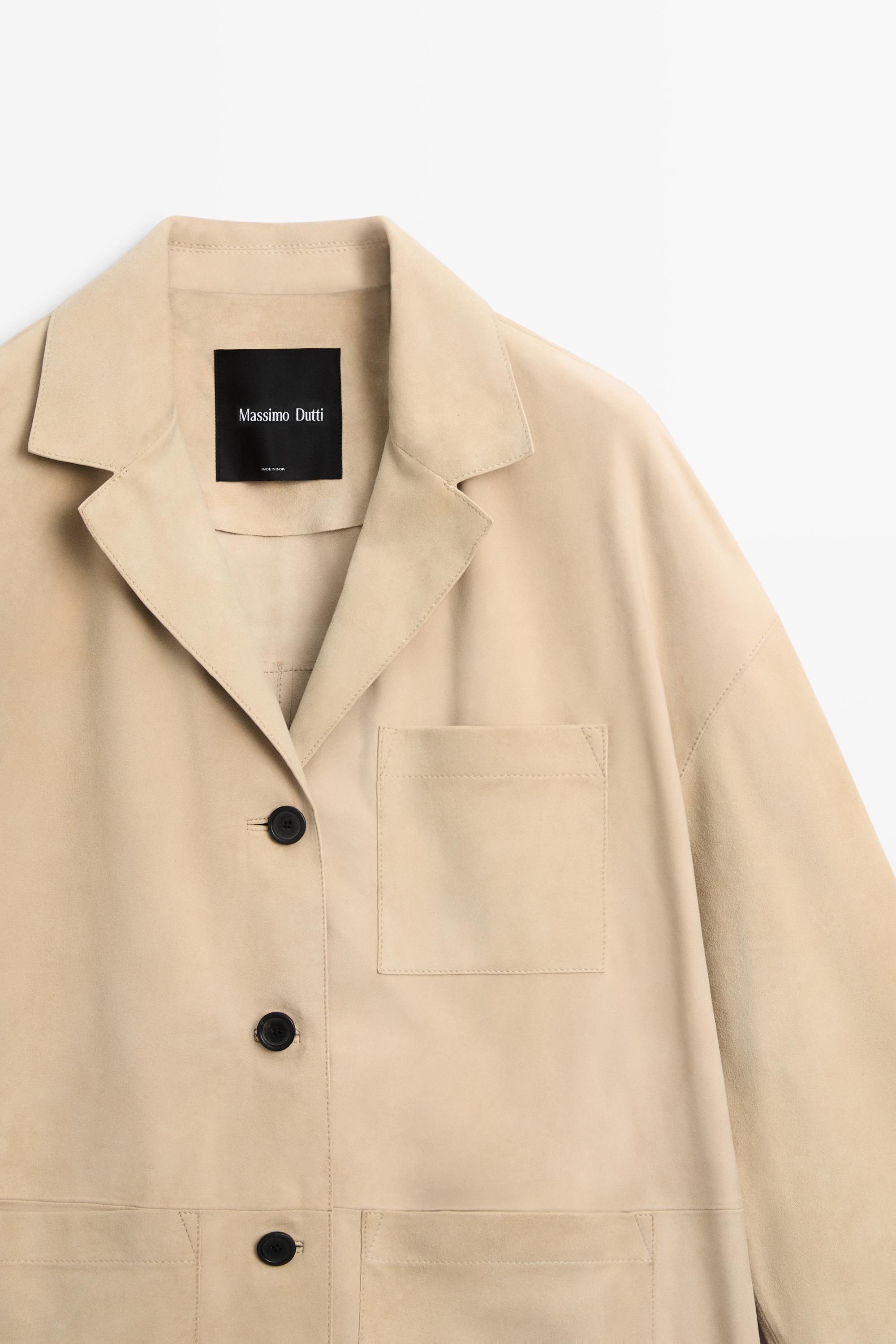 Suede leather blazer with pockets — BEIGE