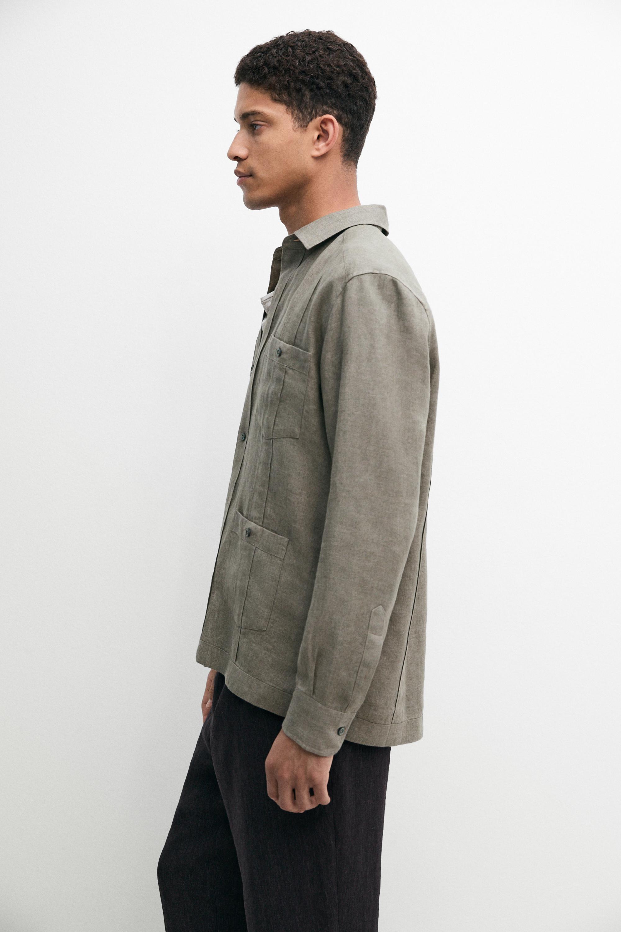 Regular fit 100% linen shirt with pockets — GREEN