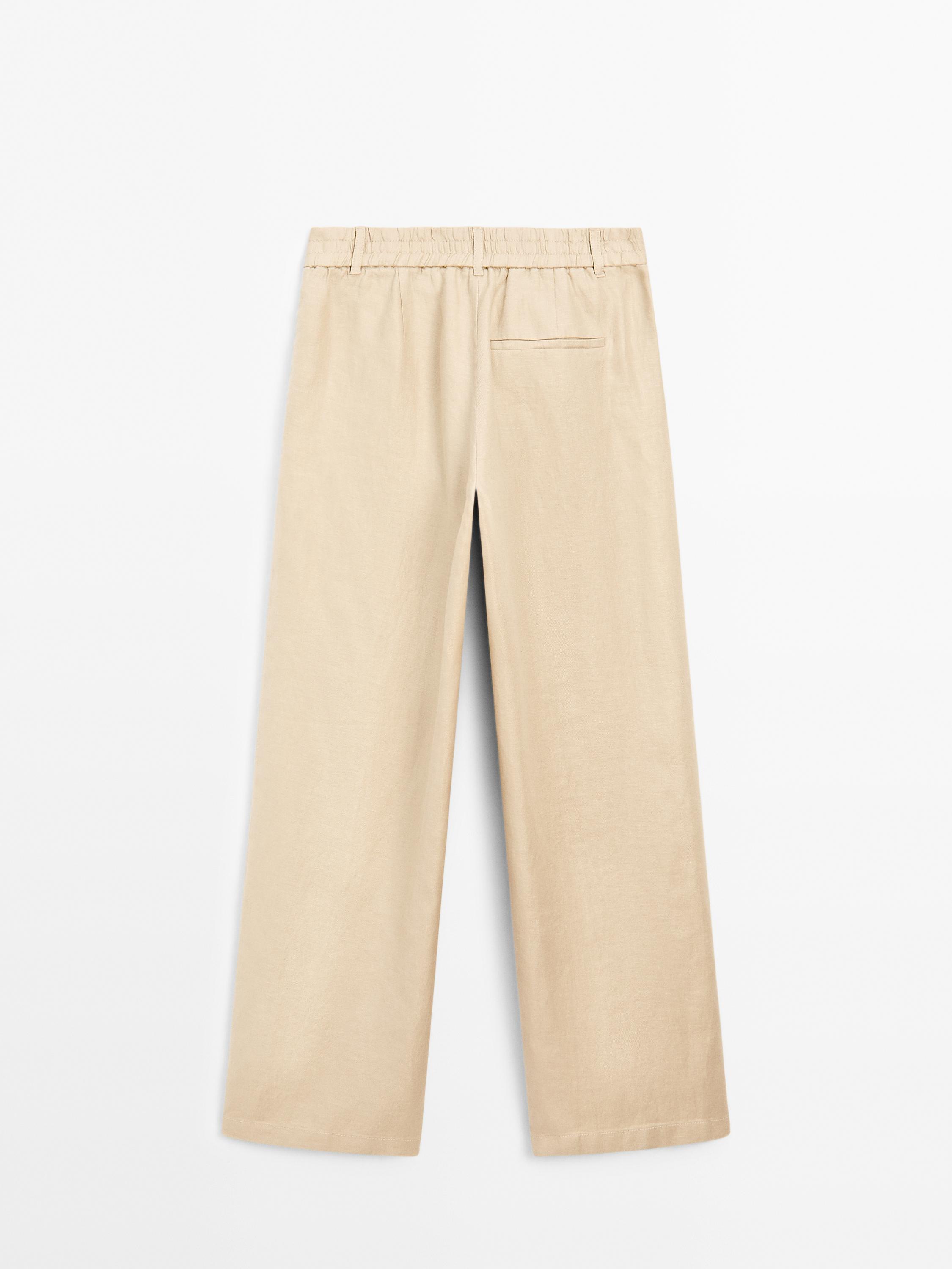 100% linen wide-leg elastic detail trousers