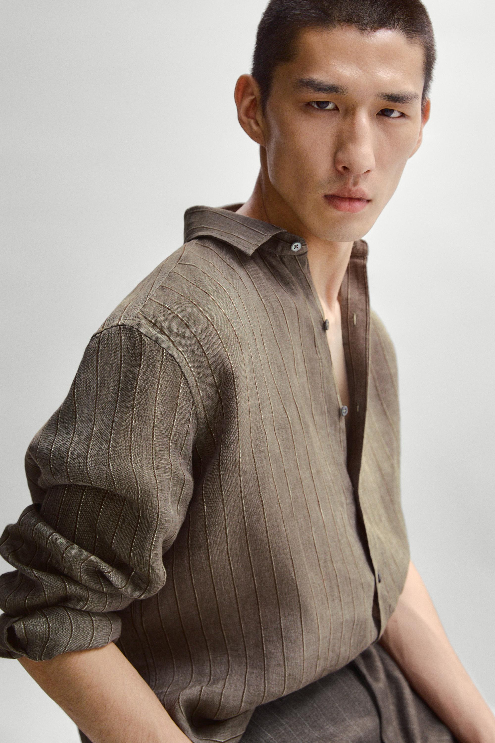 100% linen regular fit striped shirt — DARK GREEN