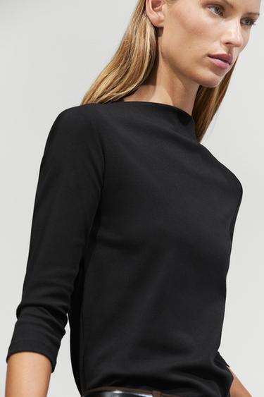 Stretch cotton blend mock neck T-shirt — BLACK 8