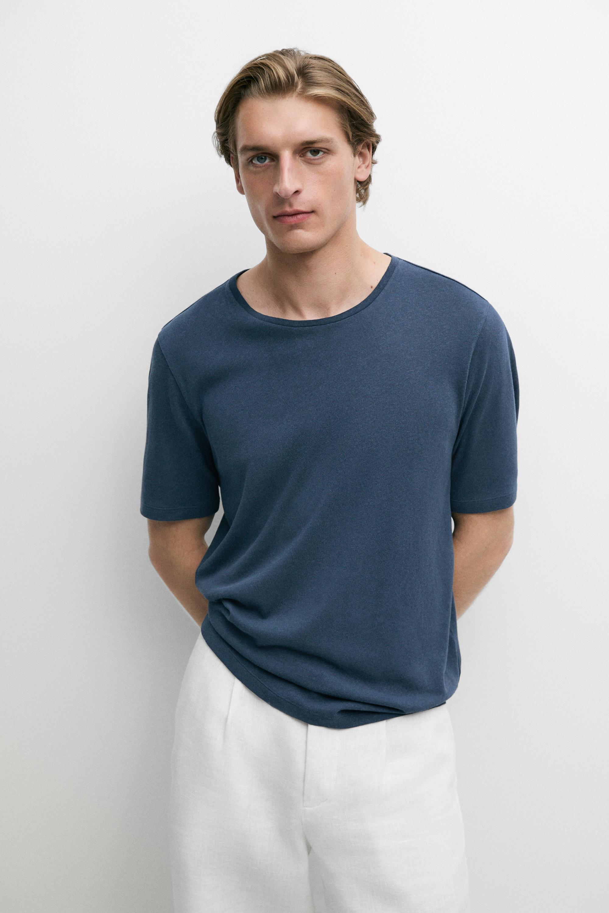 Short sleeve linen and cotton T-shirt — BLUE