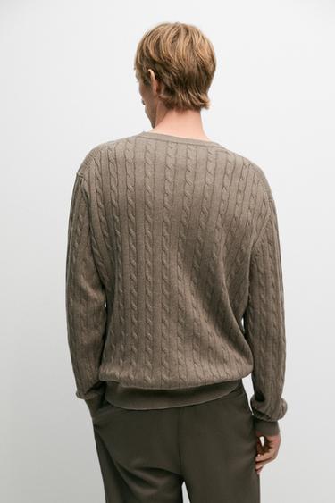 Cable-knit round neck sweater — KHAKI 5