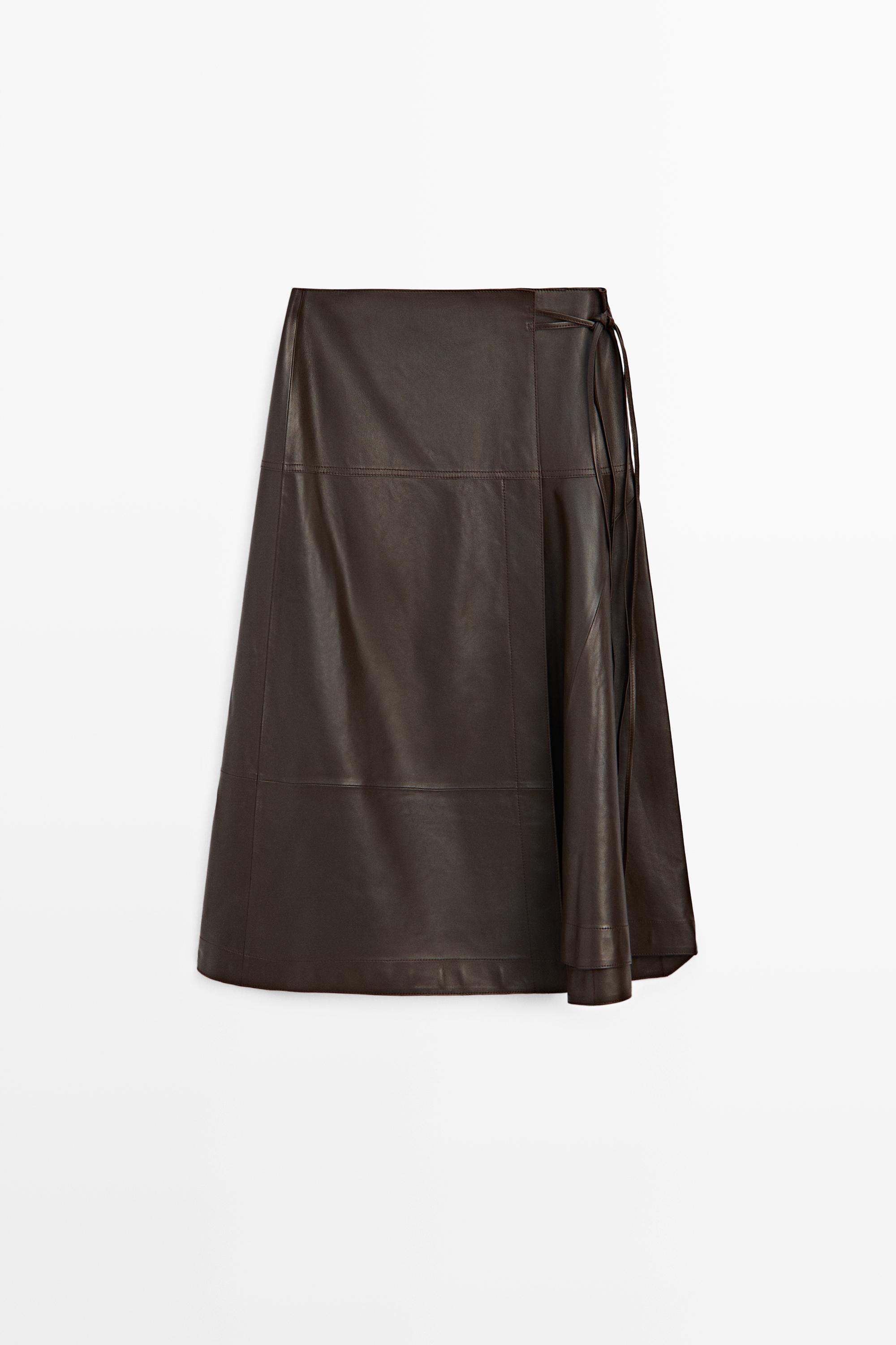 Nappa leather midi skirt with tie detail — BROWN