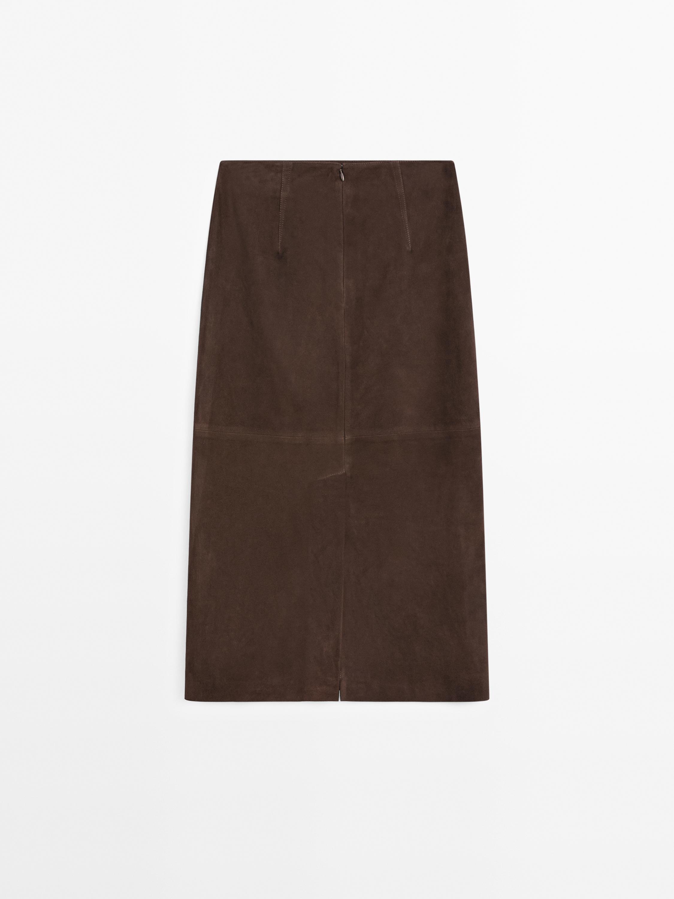 Straight suede leather midi skirt