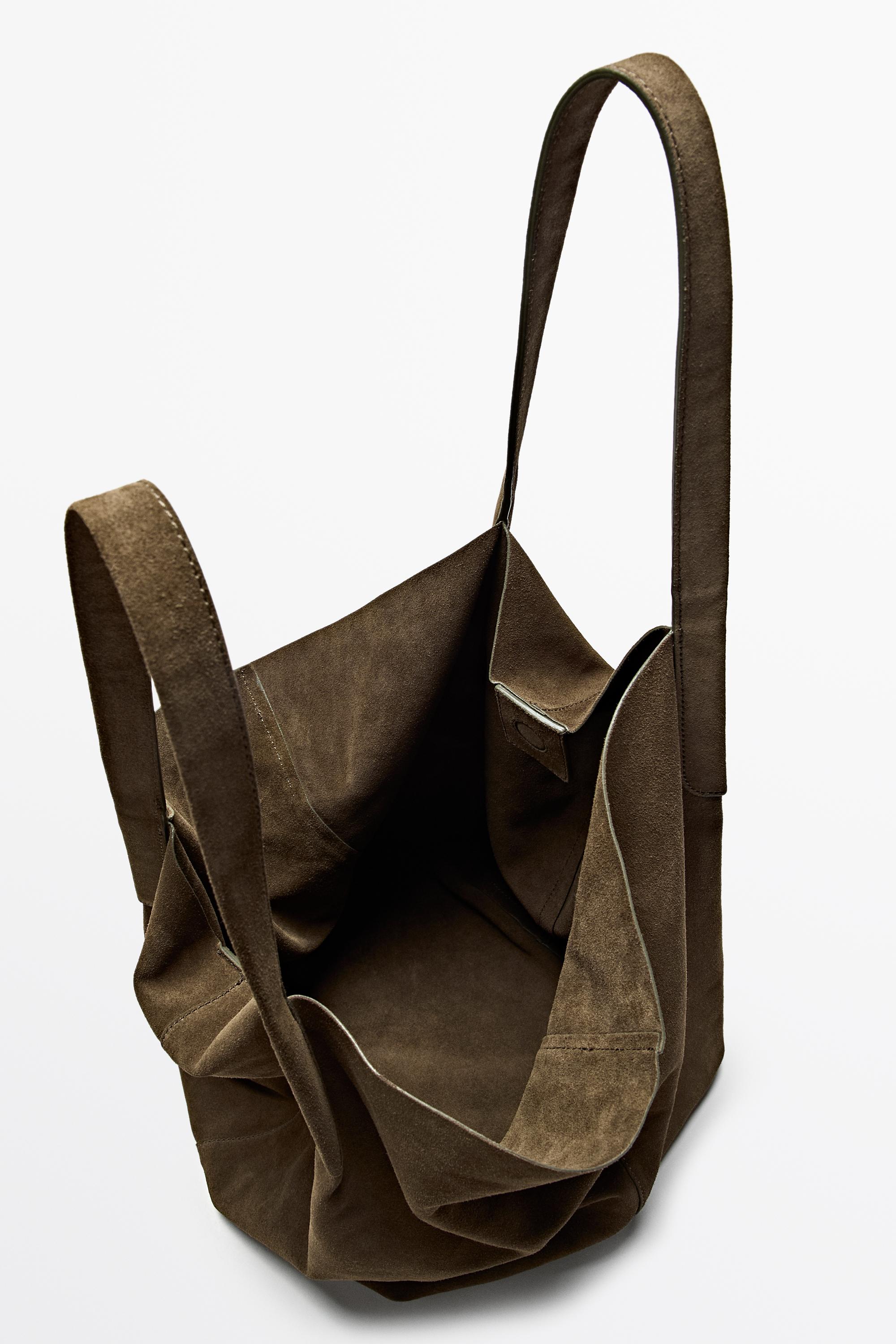 Split suede leather tote bag — KHAKI