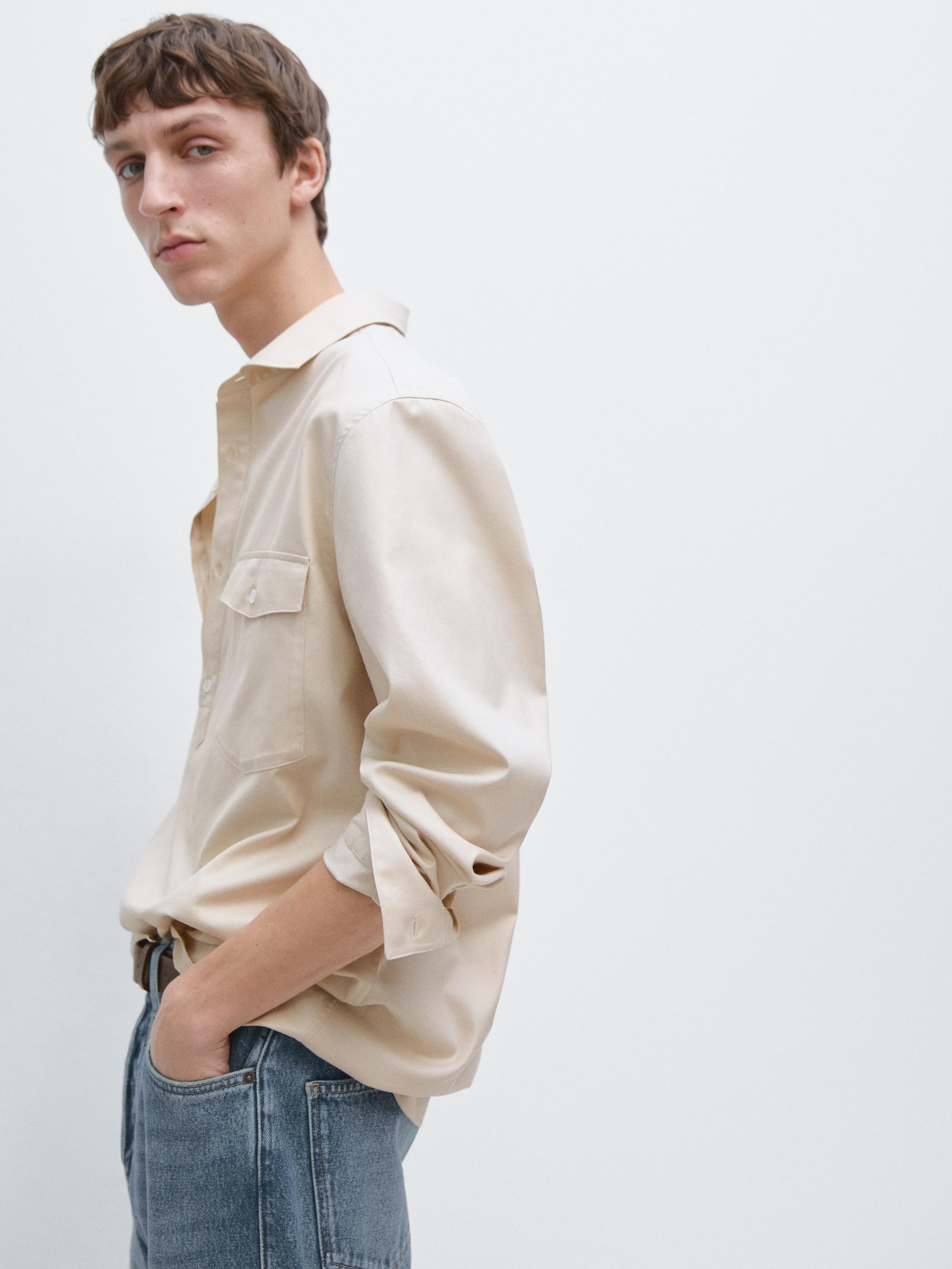 Cotton shirt with pockets — BEIGE
