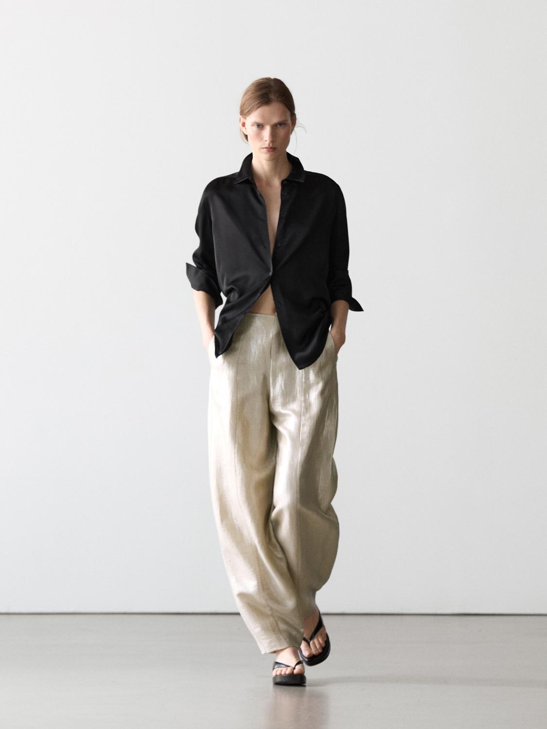 Flowing metallic linen trousers — BEIGE