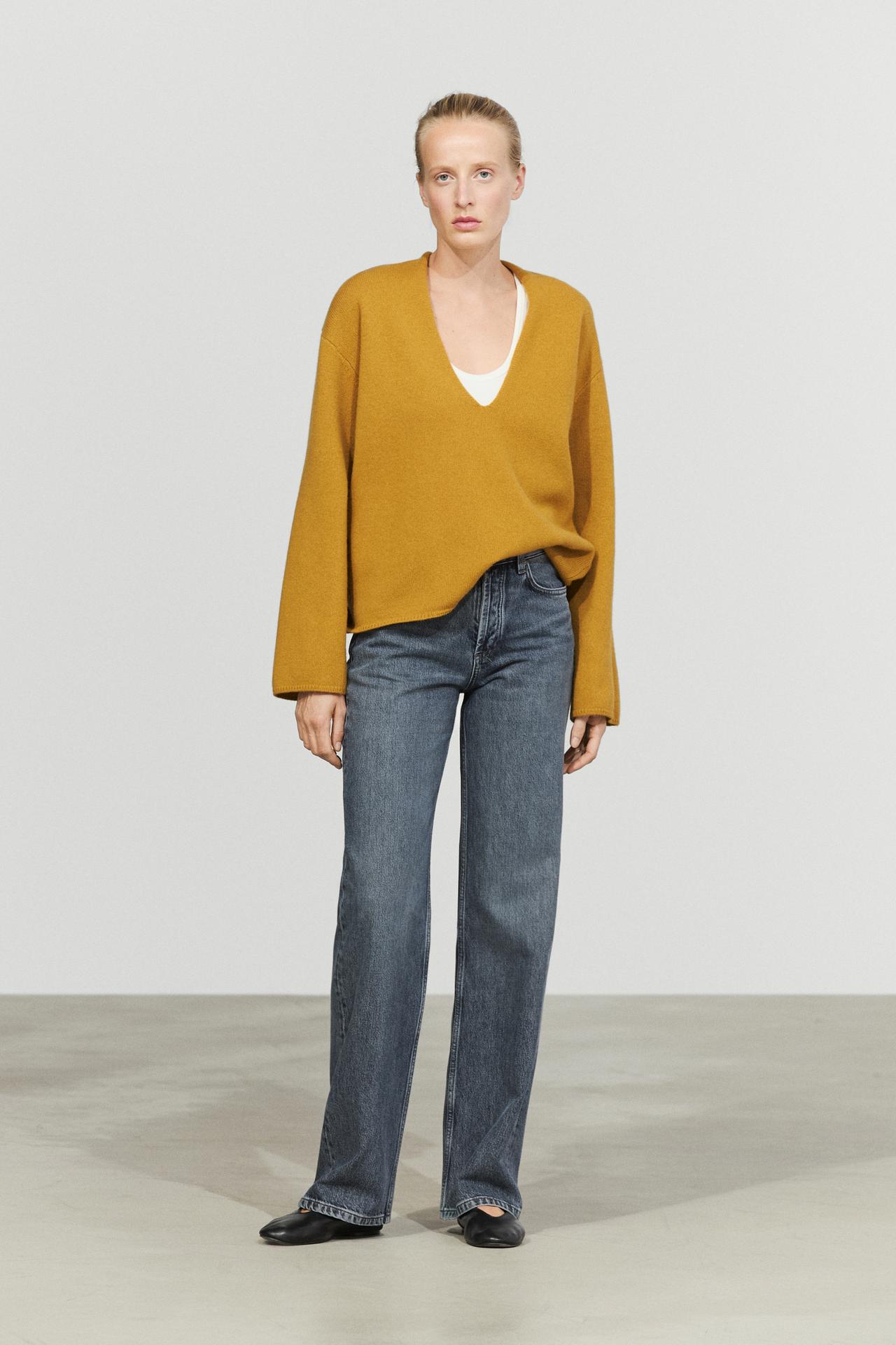 Long-line knit sweater with neckline detail — MUSTARD YELLOW