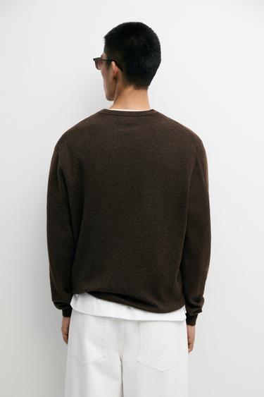 Knit 100% cashmere round neck sweater — BROWN MARL 5