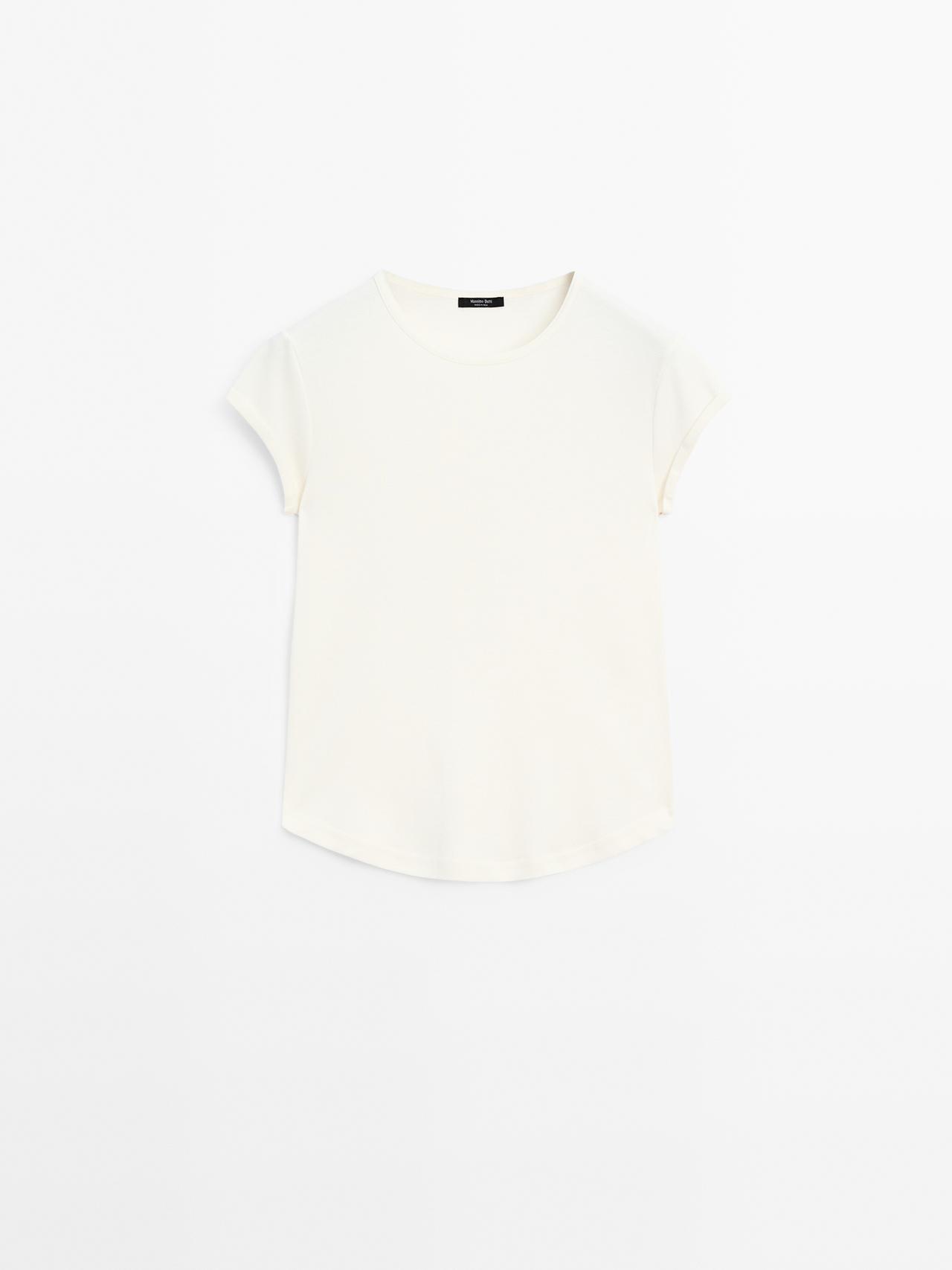 Massimo Dutti - Dame - T-Shirt I 100 % Bomuld Med Afrundet Kant Forneden - Råhvid - Xs