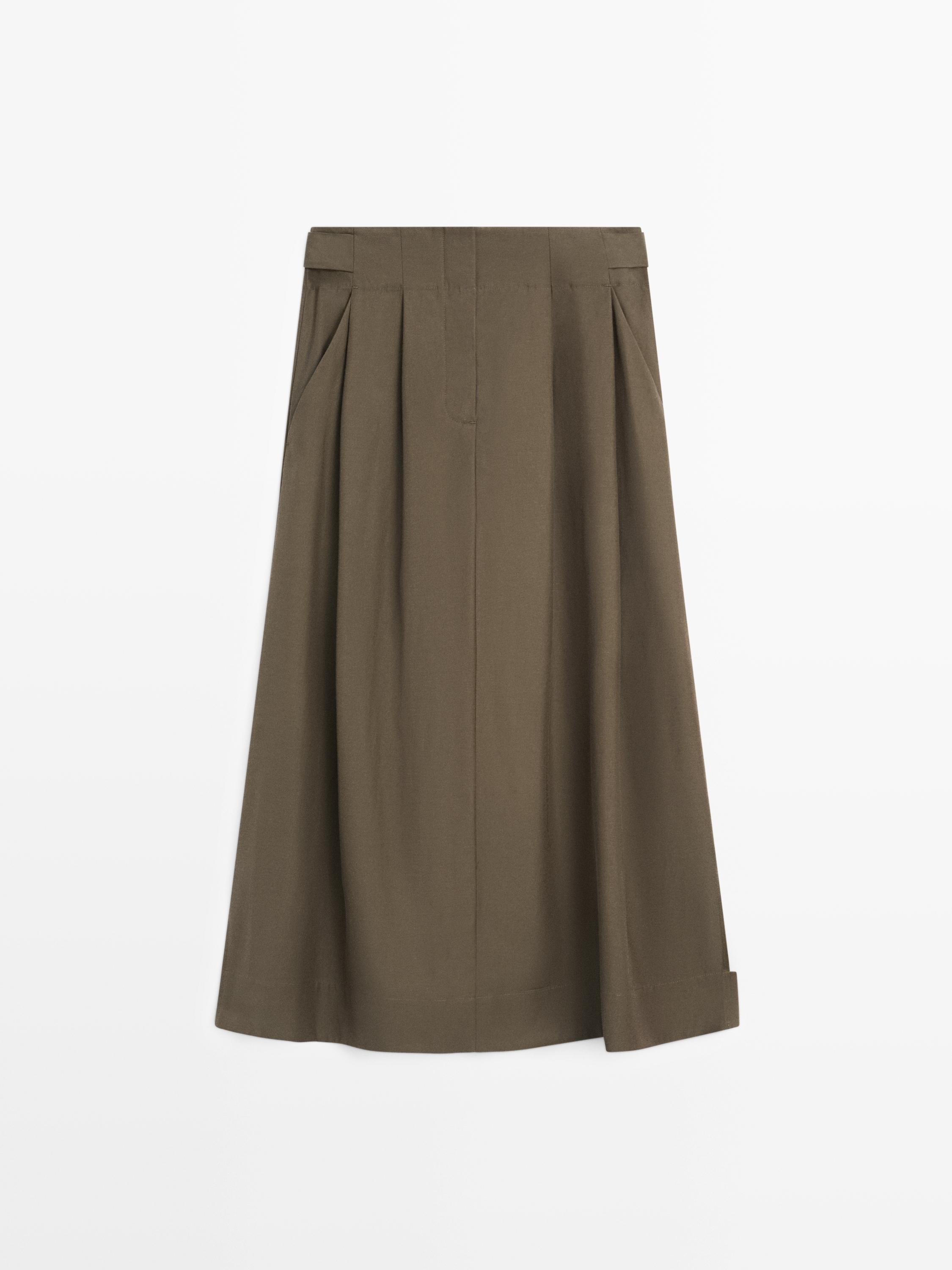 Midi skirt with box pleats — KHAKI