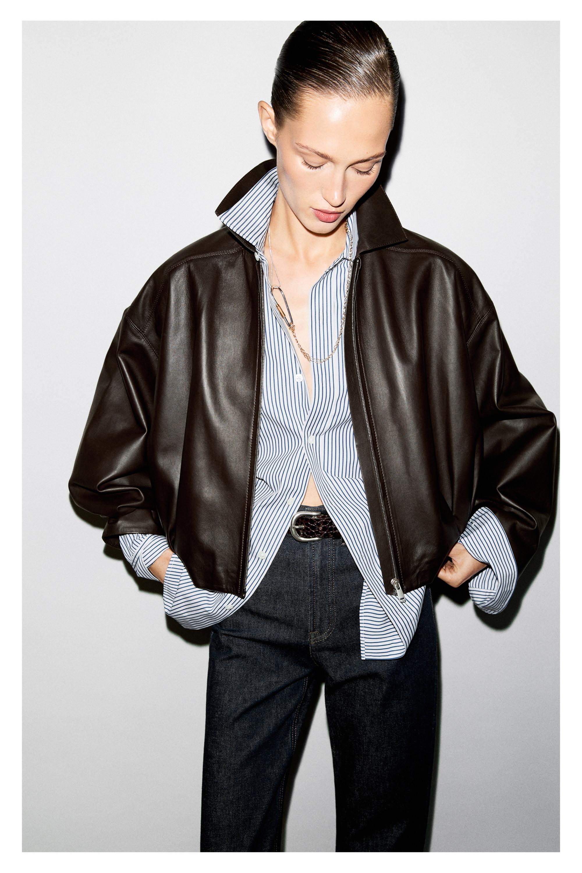 Nappa leather bomber jacket with pleat detail — BROWN