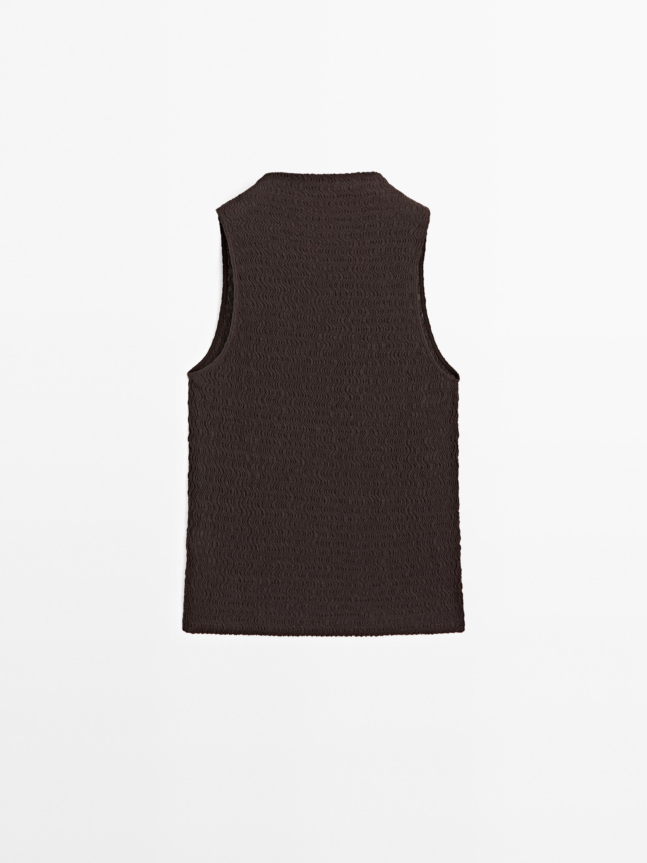Chocolate linear waffle-knit funnel neck top
