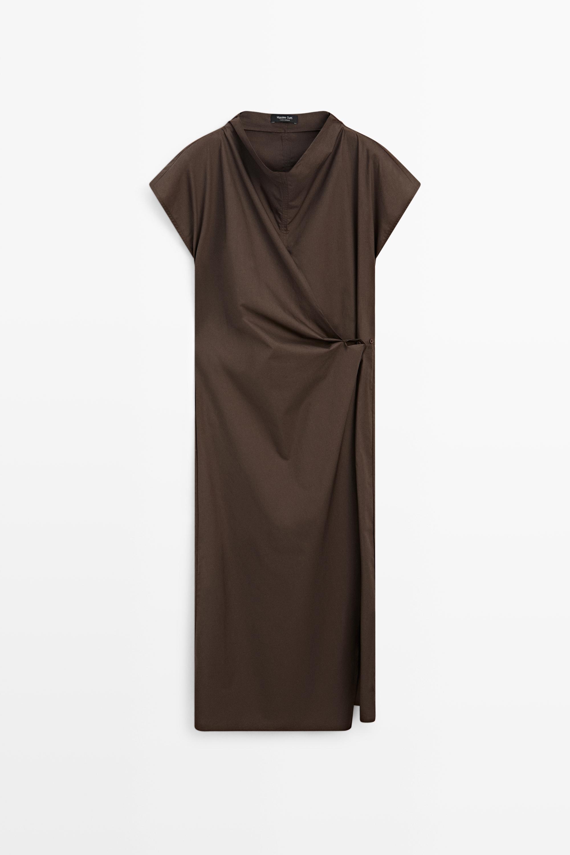 100% cotton draped poplin dress — BROWN