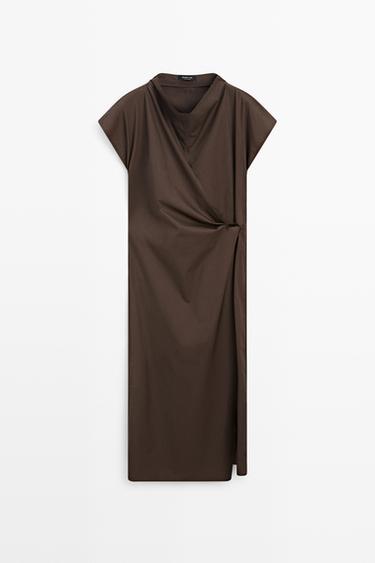 100% cotton draped poplin dress — BROWN 2