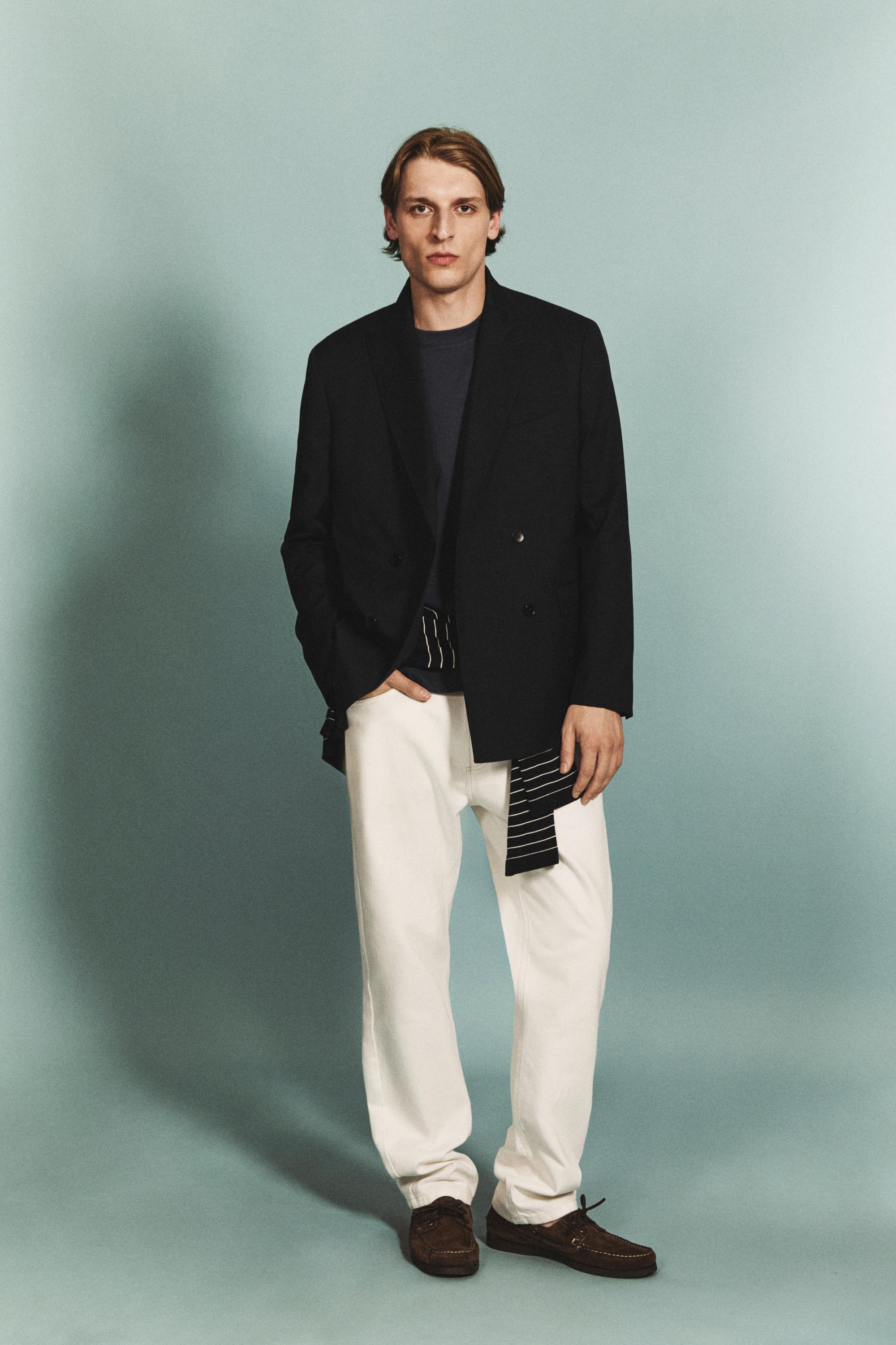100% cool wool double-breasted suit blazer — NAVY BLUE