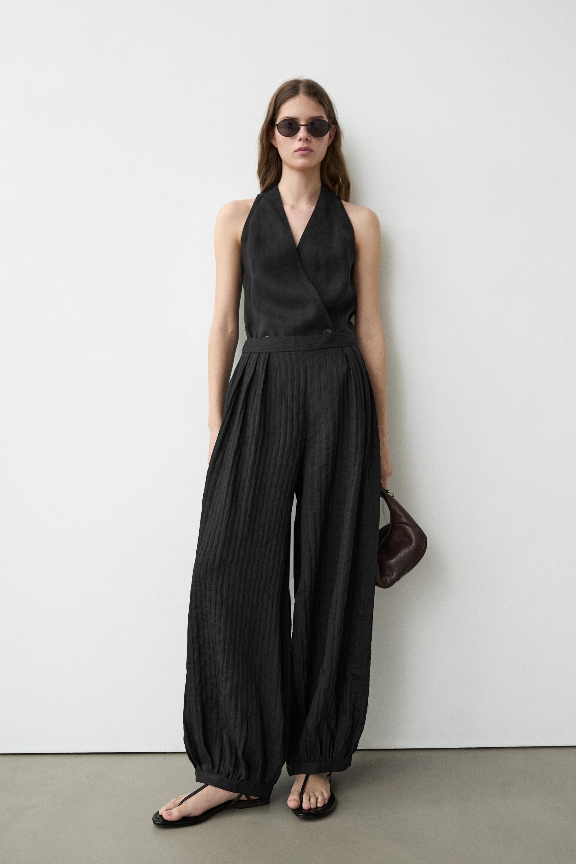 Flowing linen-blend drop crotch pants — BLACK
