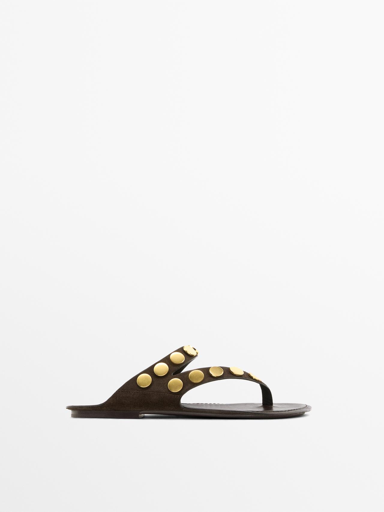 Massimo Dutti - Dames - Splitsuède Sandalen Met Studs - Bruin - 41