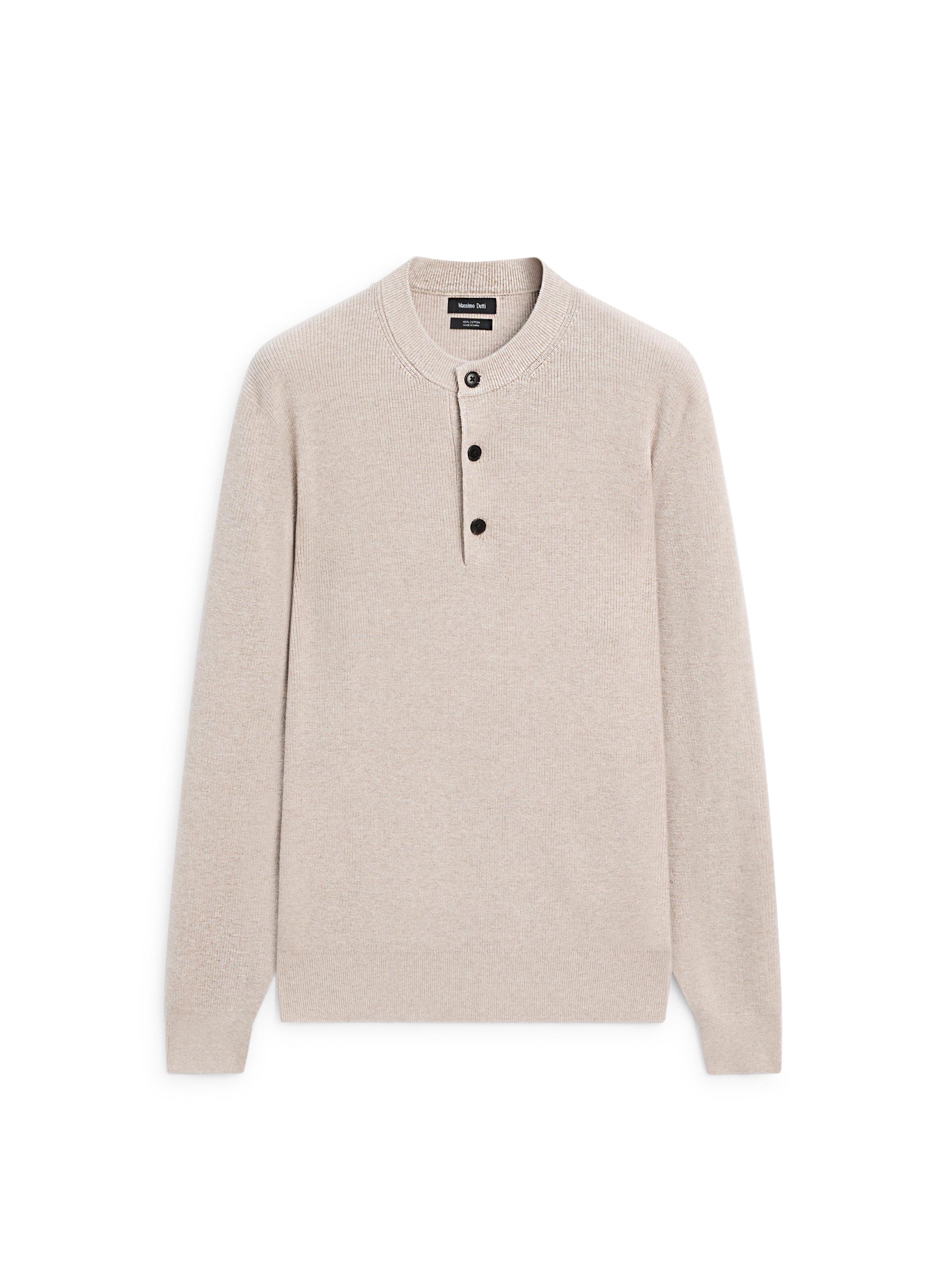 100% cotton knit henley sweater — BEIGE
