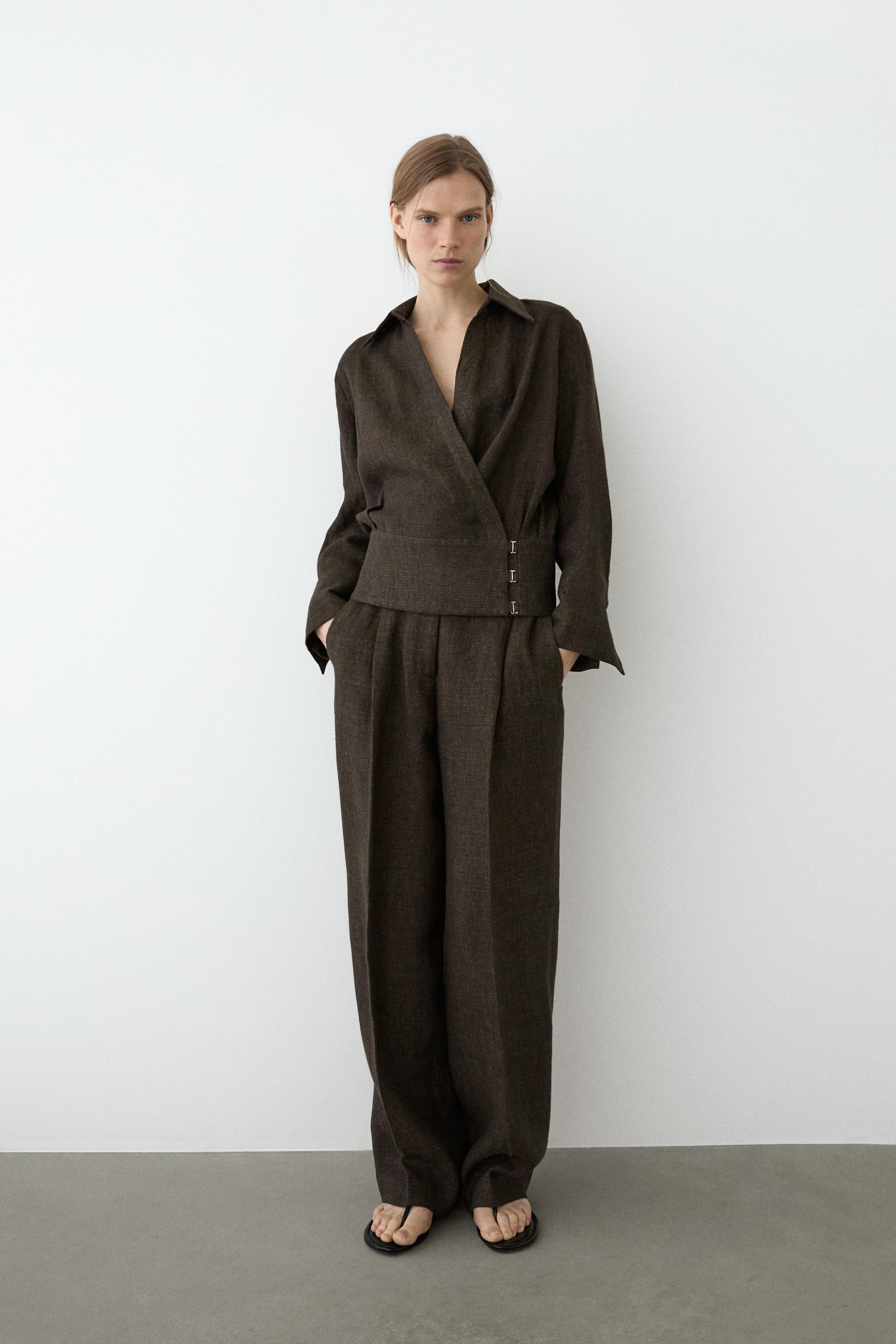 Total look melange linen darted trousers — MOLE BROWN