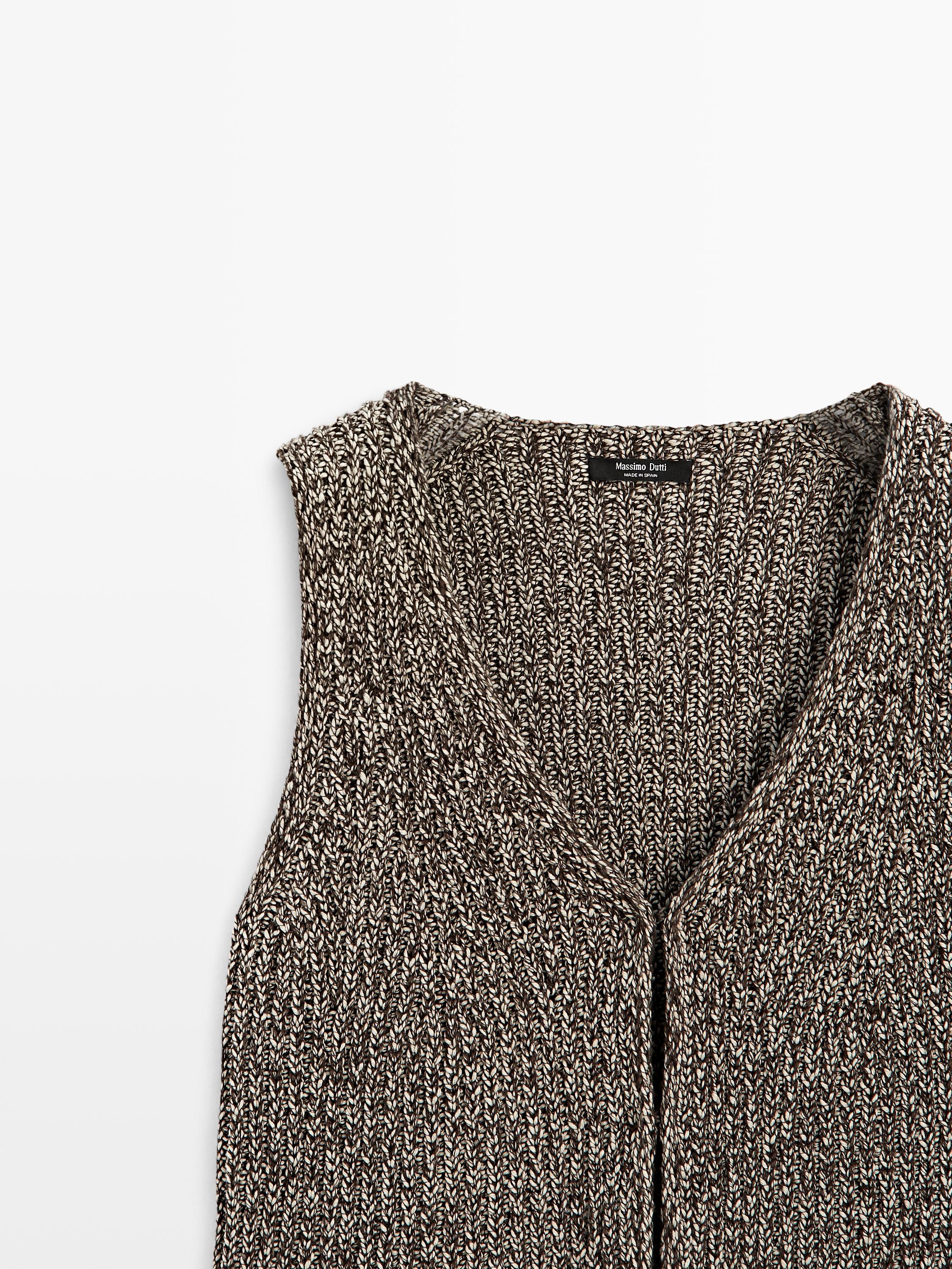 Cotton blend V-neck knit vest — BROWN MARL