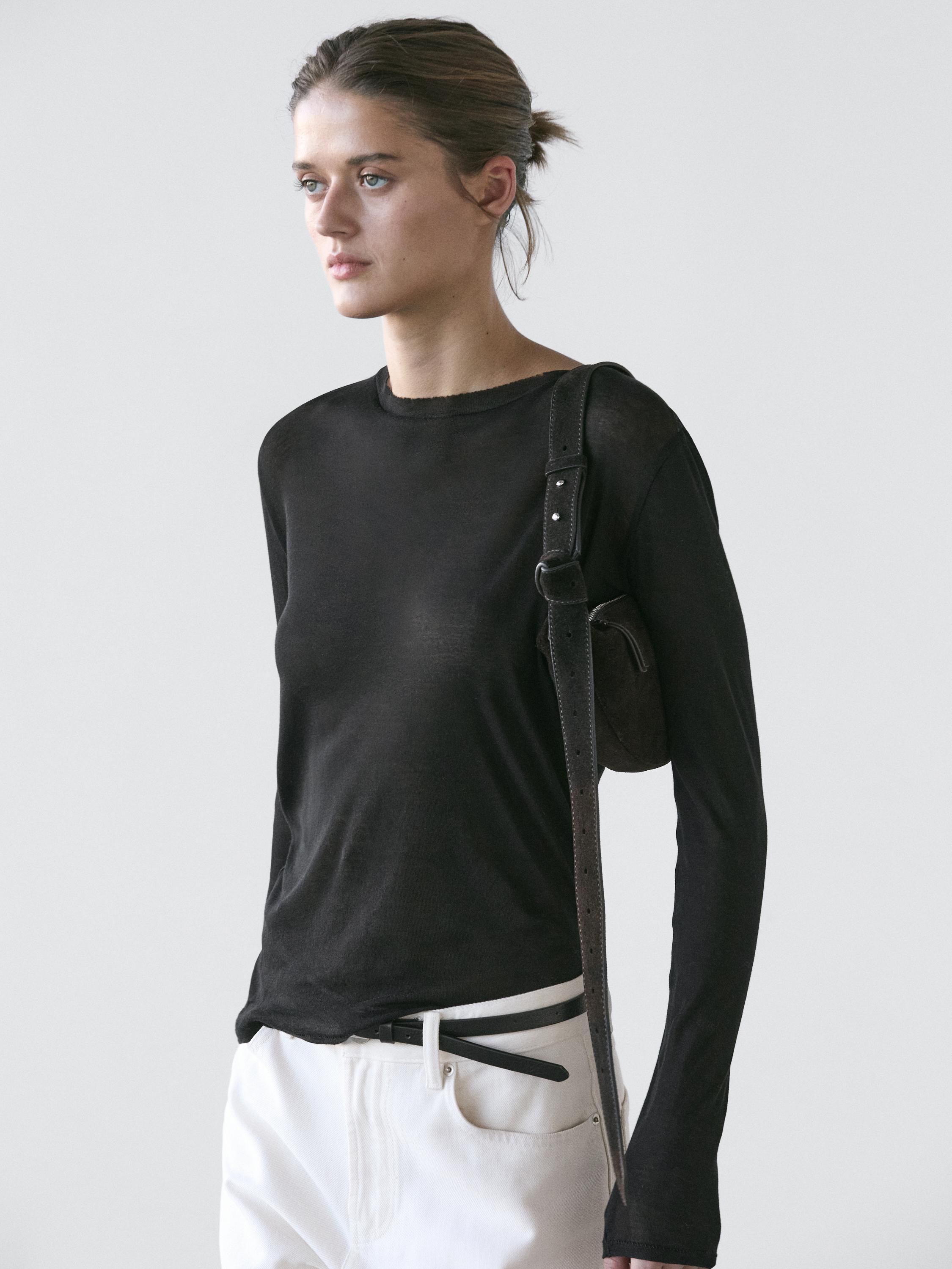 100% cotton semi-sheer T-shirt with collar detail — BLACK