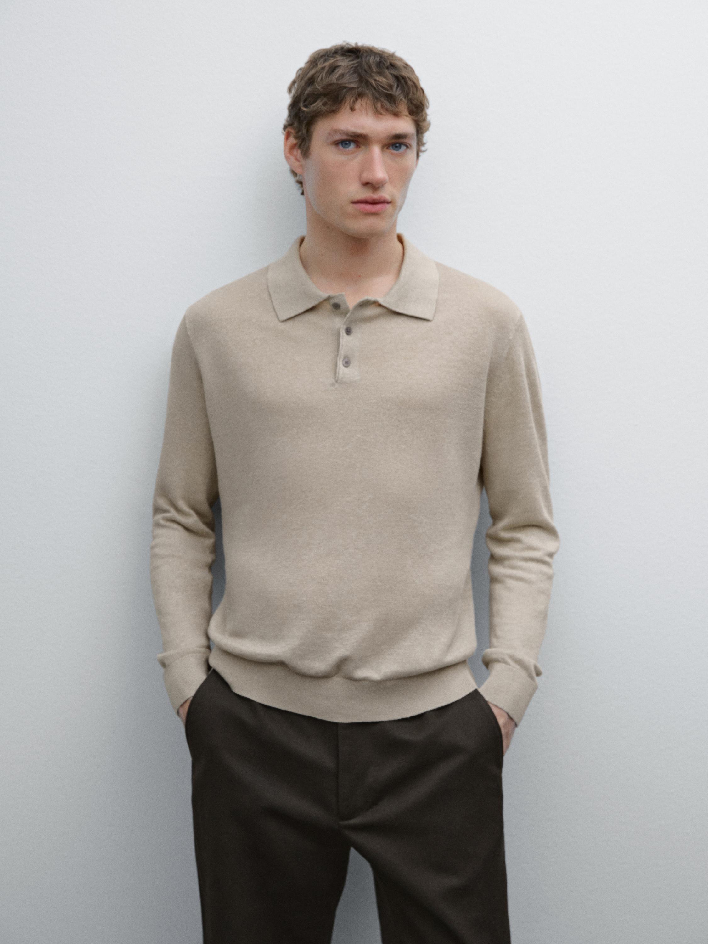 100% linen knit polo collar sweater