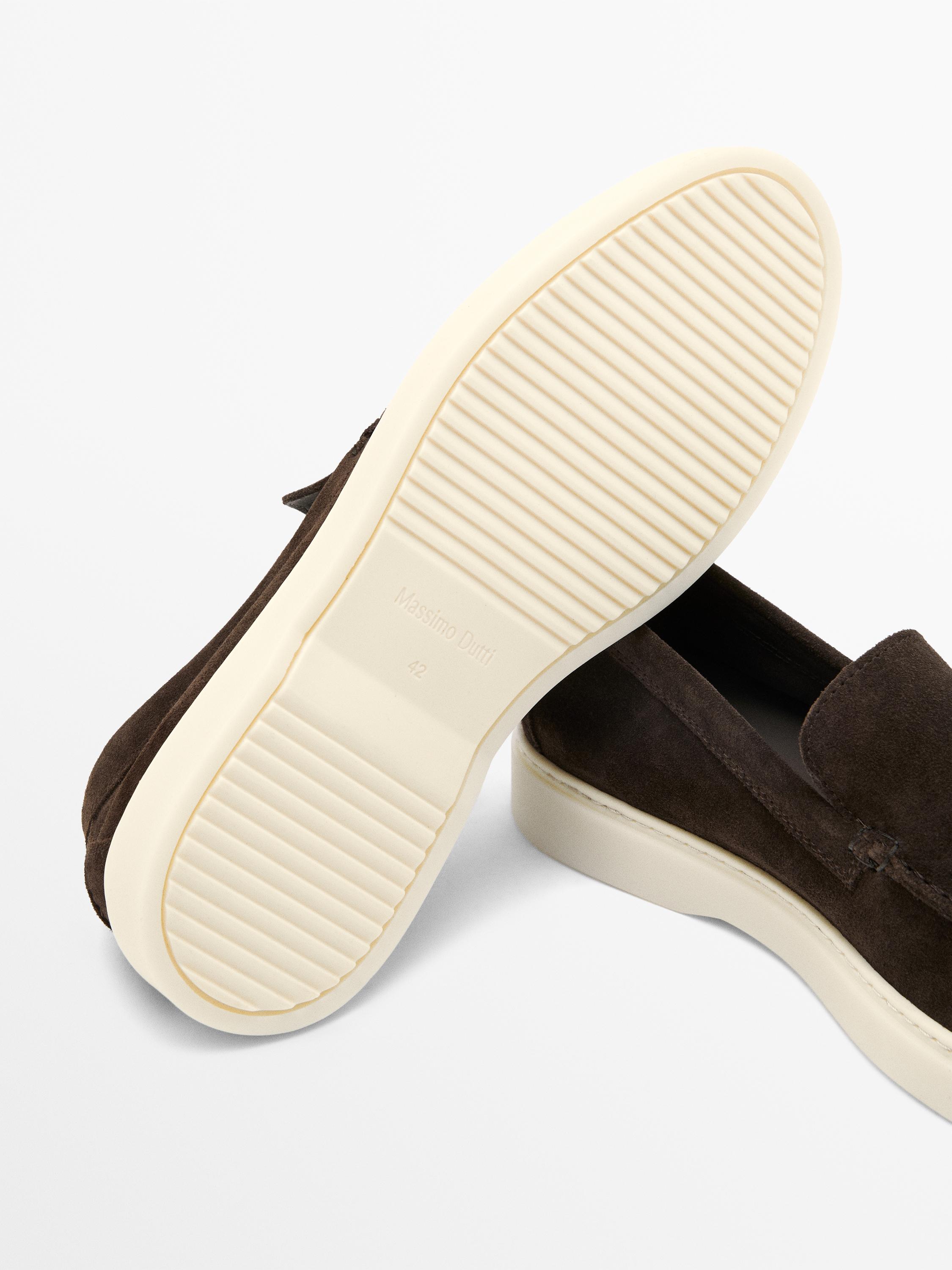 Split leather loafers with moc toe — BROWN