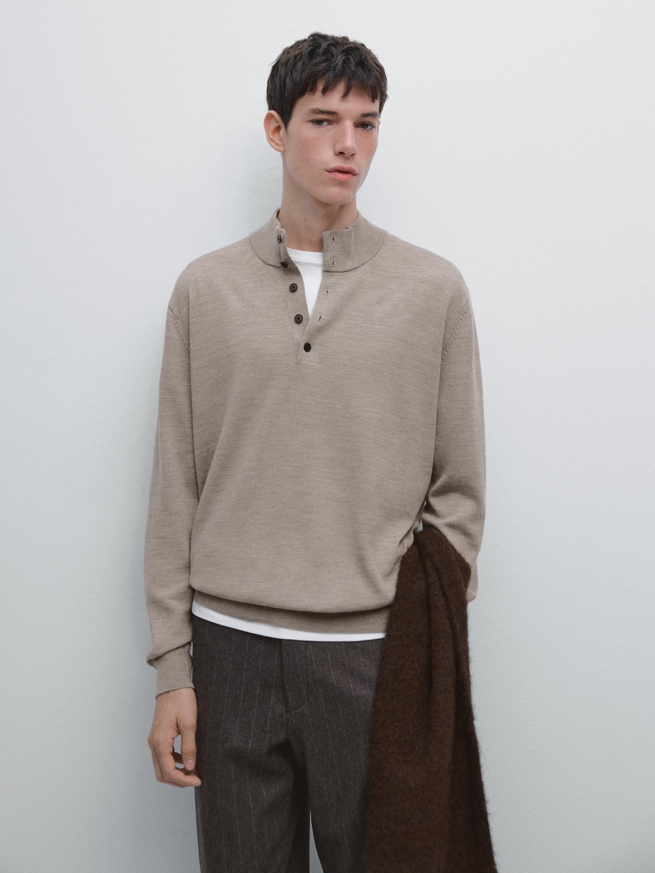 100% wool mock neck sweater with buttons